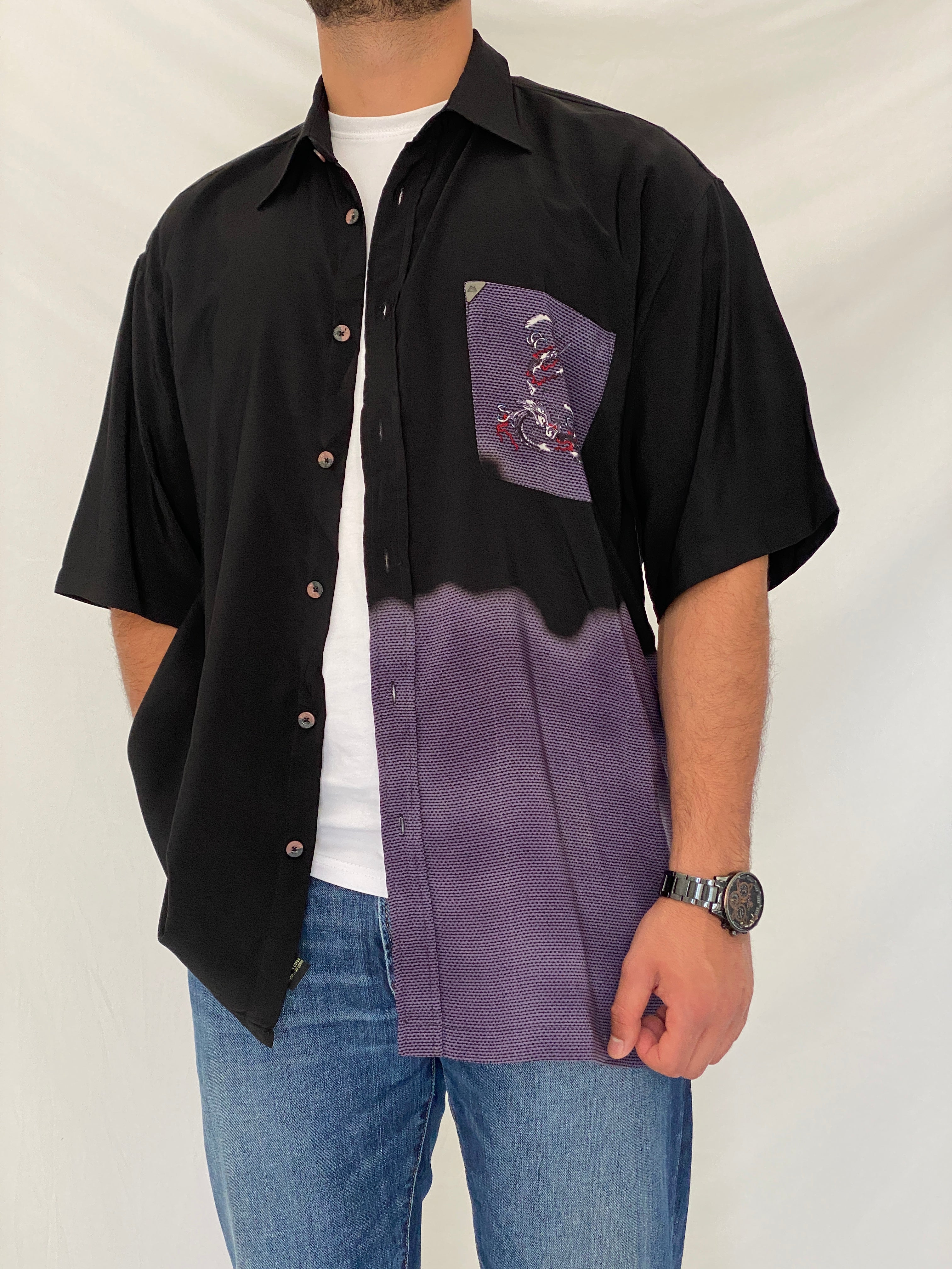 Y2K First Down Southern Rim Black & Purple Dragon Button-Up Shirt – XL