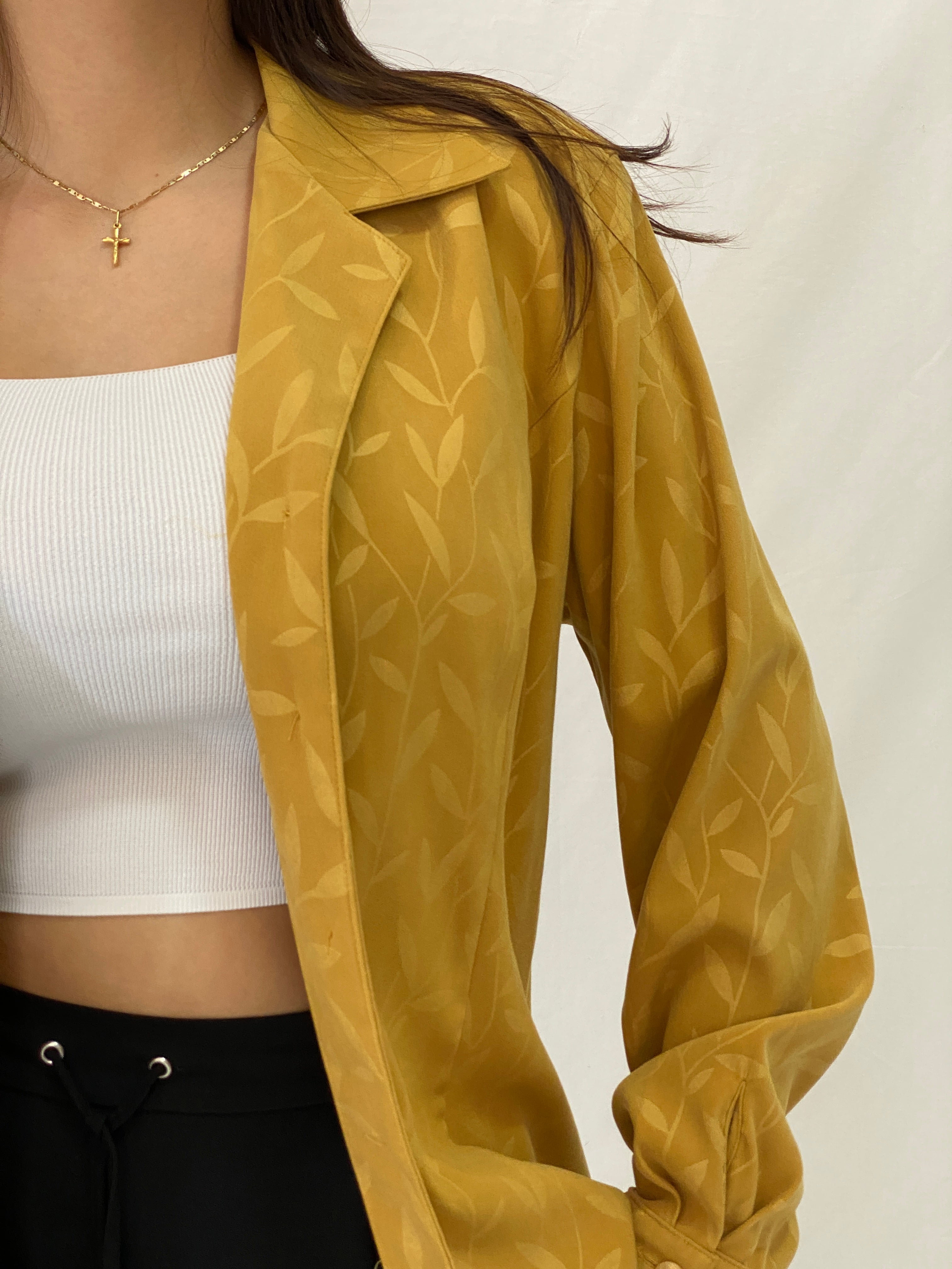 Vintage Vunic Mustard Yellow Leaf Print Blouse Long Sleeve Button Up Golden Hour Style Shirt - XL