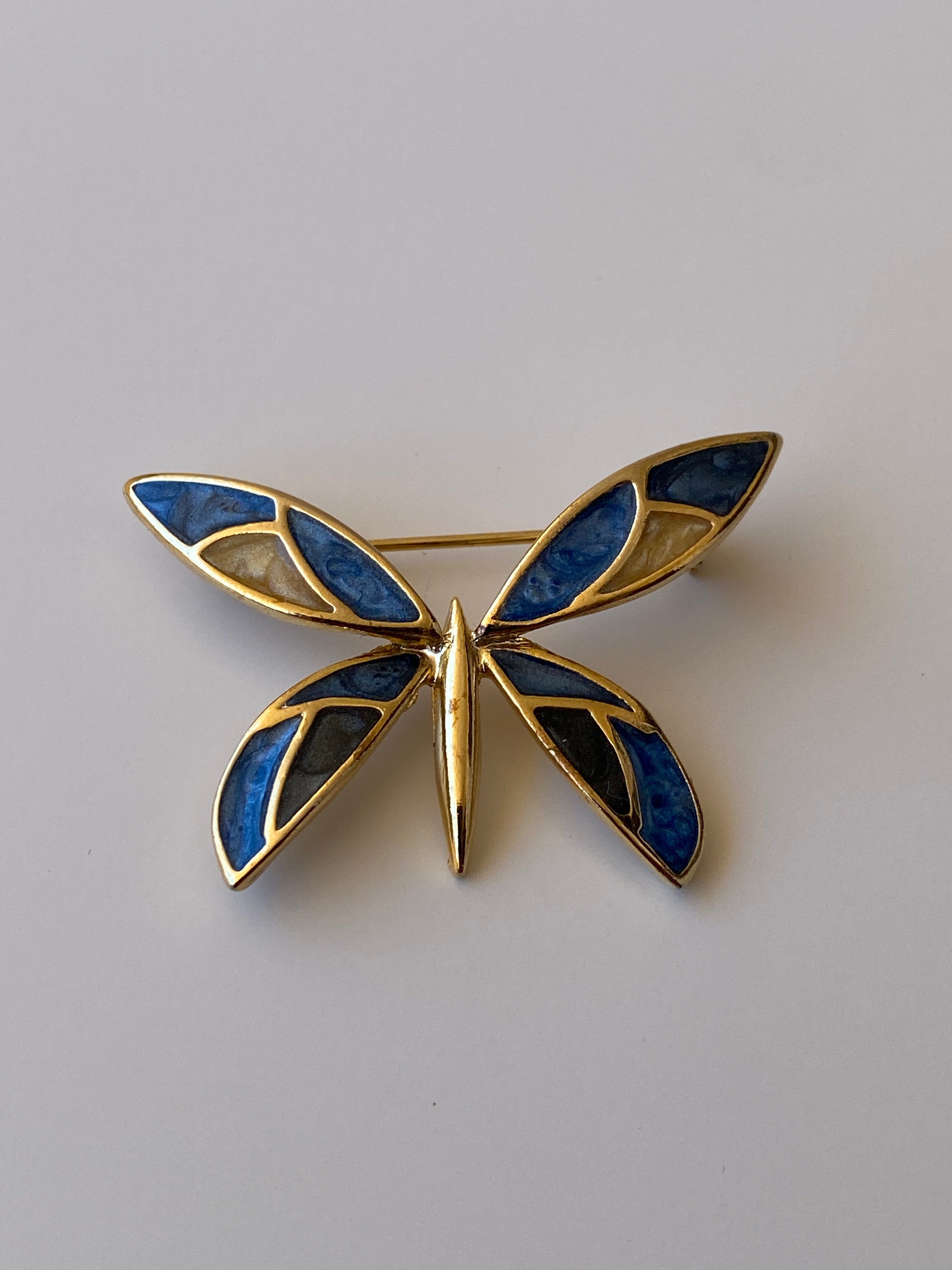 Vintage Blue Enamel Butterfly Brooch Gold Tone Statement Pin