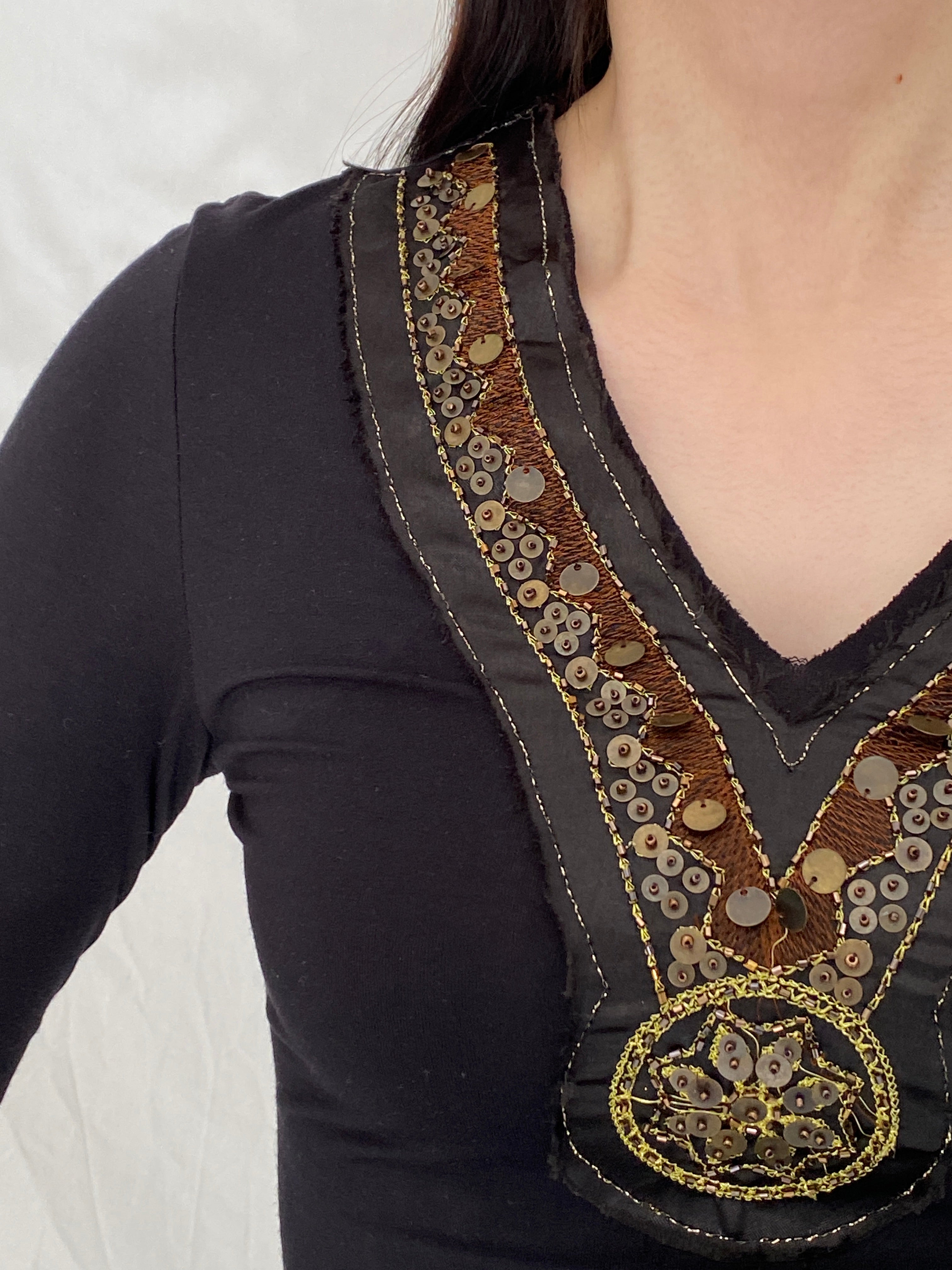 Vintage NOTE Black Embellished V-Neck Top Y2K Boho Stretch Long Sleeve Blouse - S