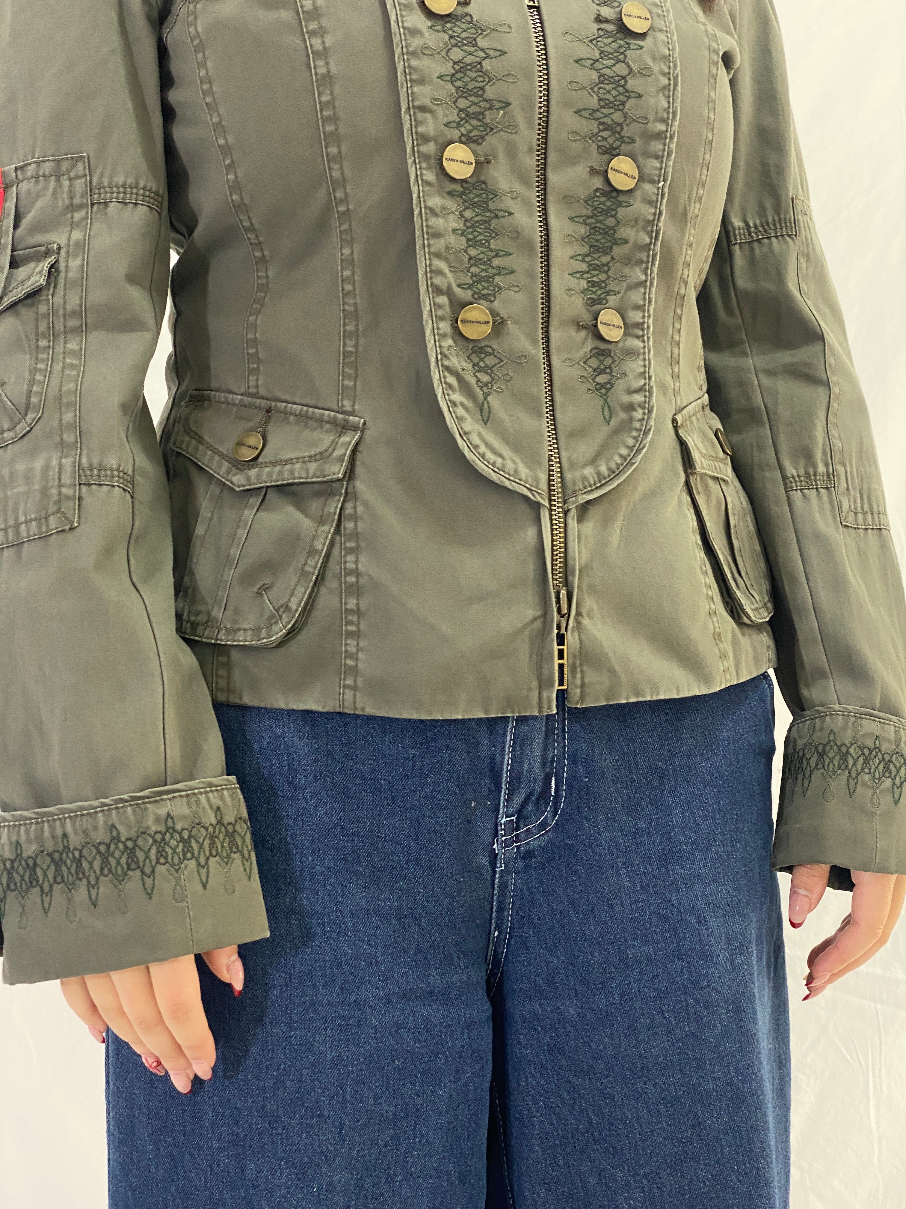 Karen Millen Olive Green Military-Style Embroidered Light Jacket - M