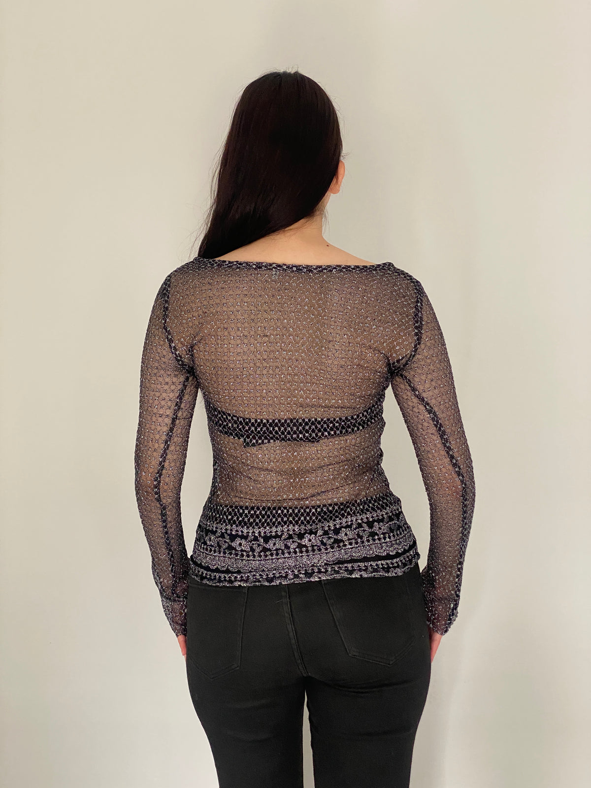 Vintage Y2K Black & Silver Metallic Crochet Mesh Sheer Grunge Top – S