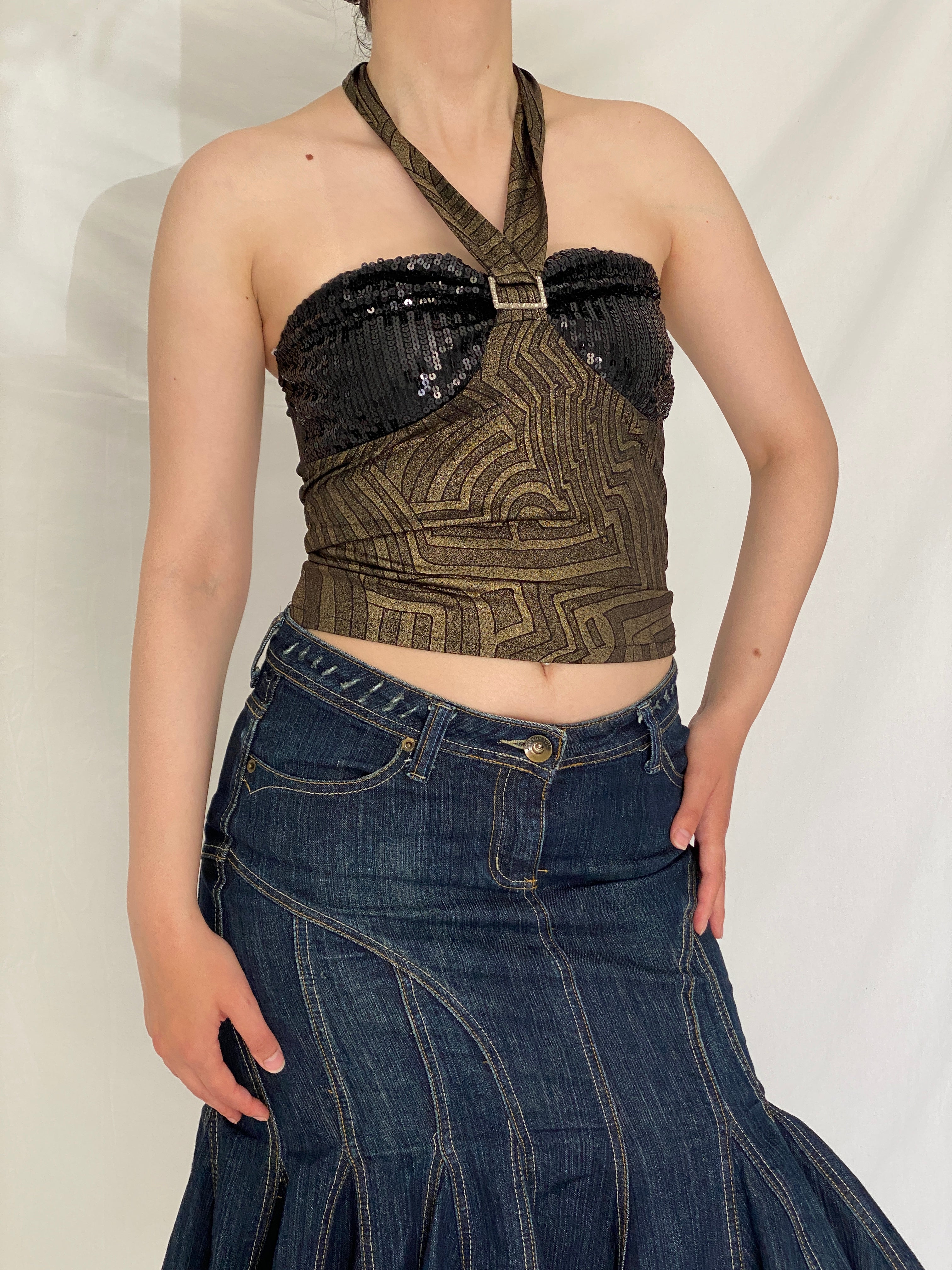 Y2K Black & Gold Sequin Halter Party Top Shimmery Metallic Clubwear Top – S