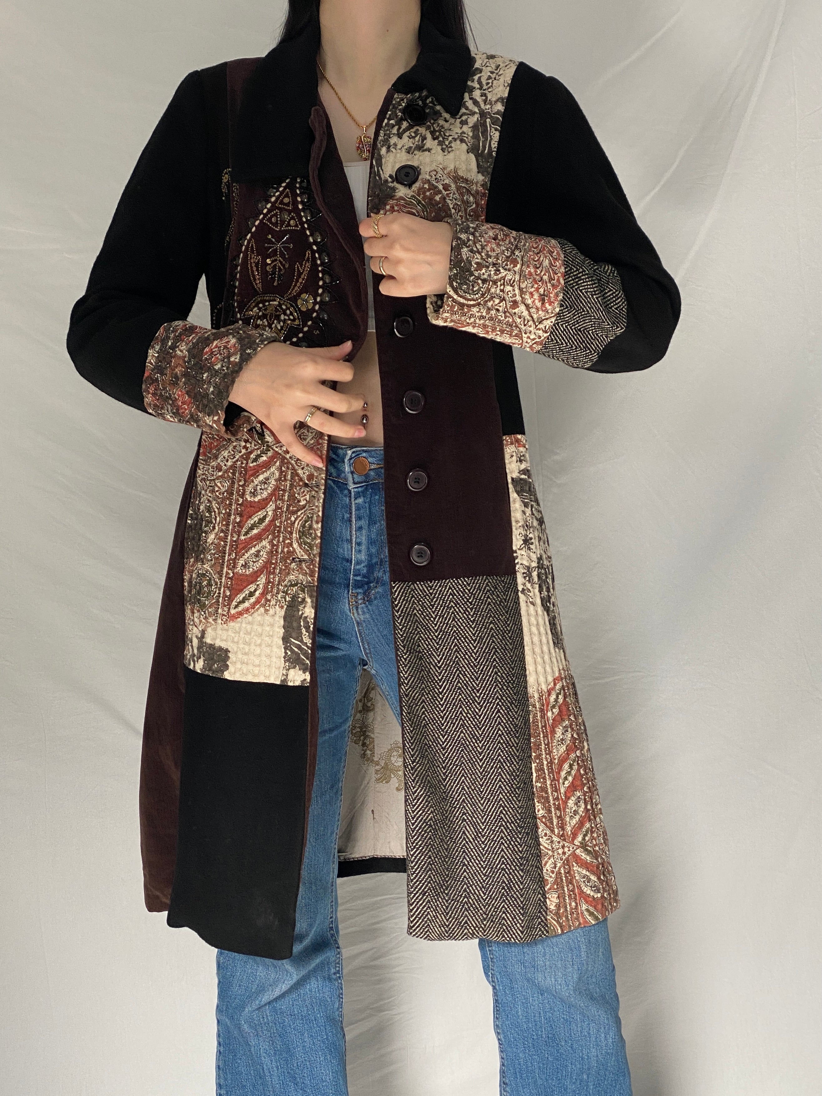 Vintage Derhy Patchwork Coat Bohemian Embroidered Artistic Long Coat 90s 00s Statement Jacket - M