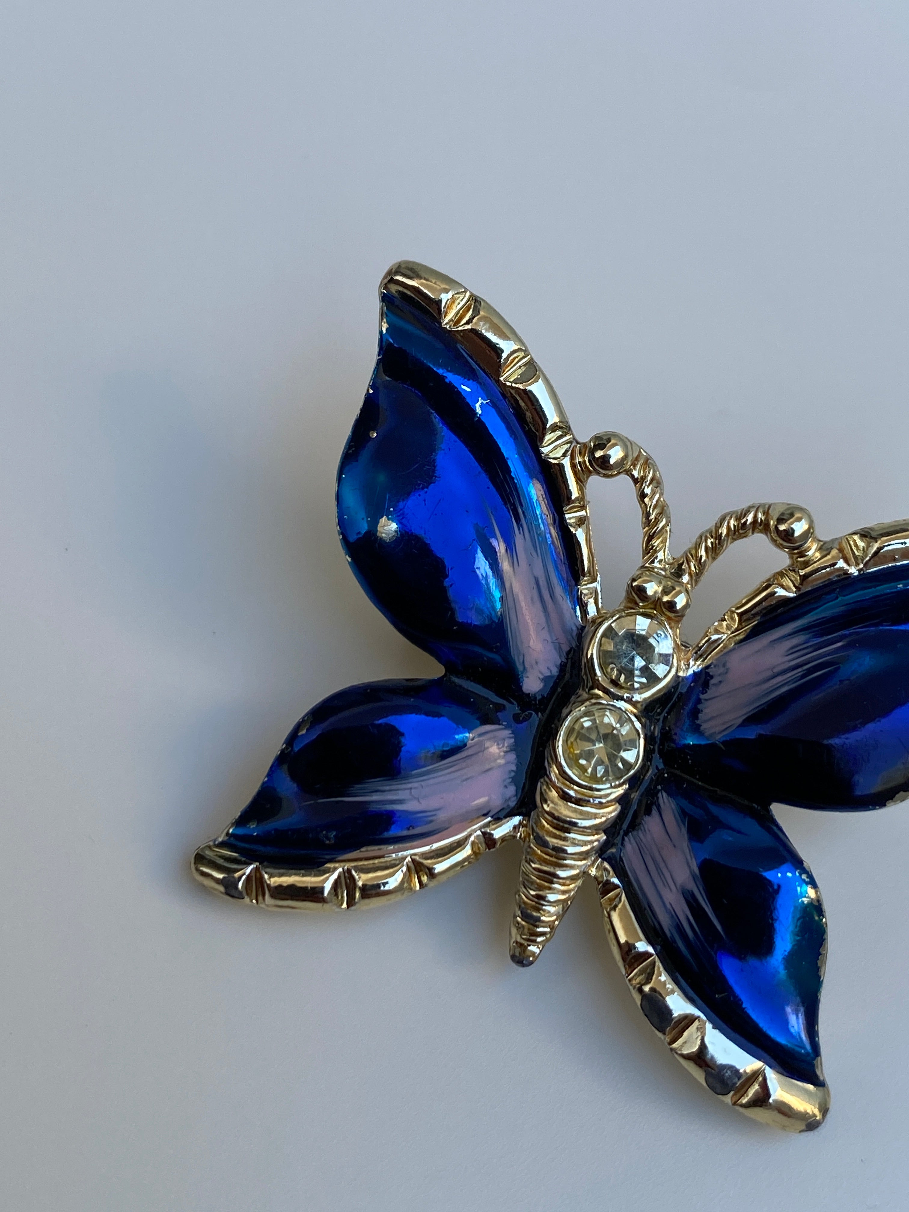 Vintage Blue Enamel Butterfly Pin Crystal Rhinestone Accents Brooch