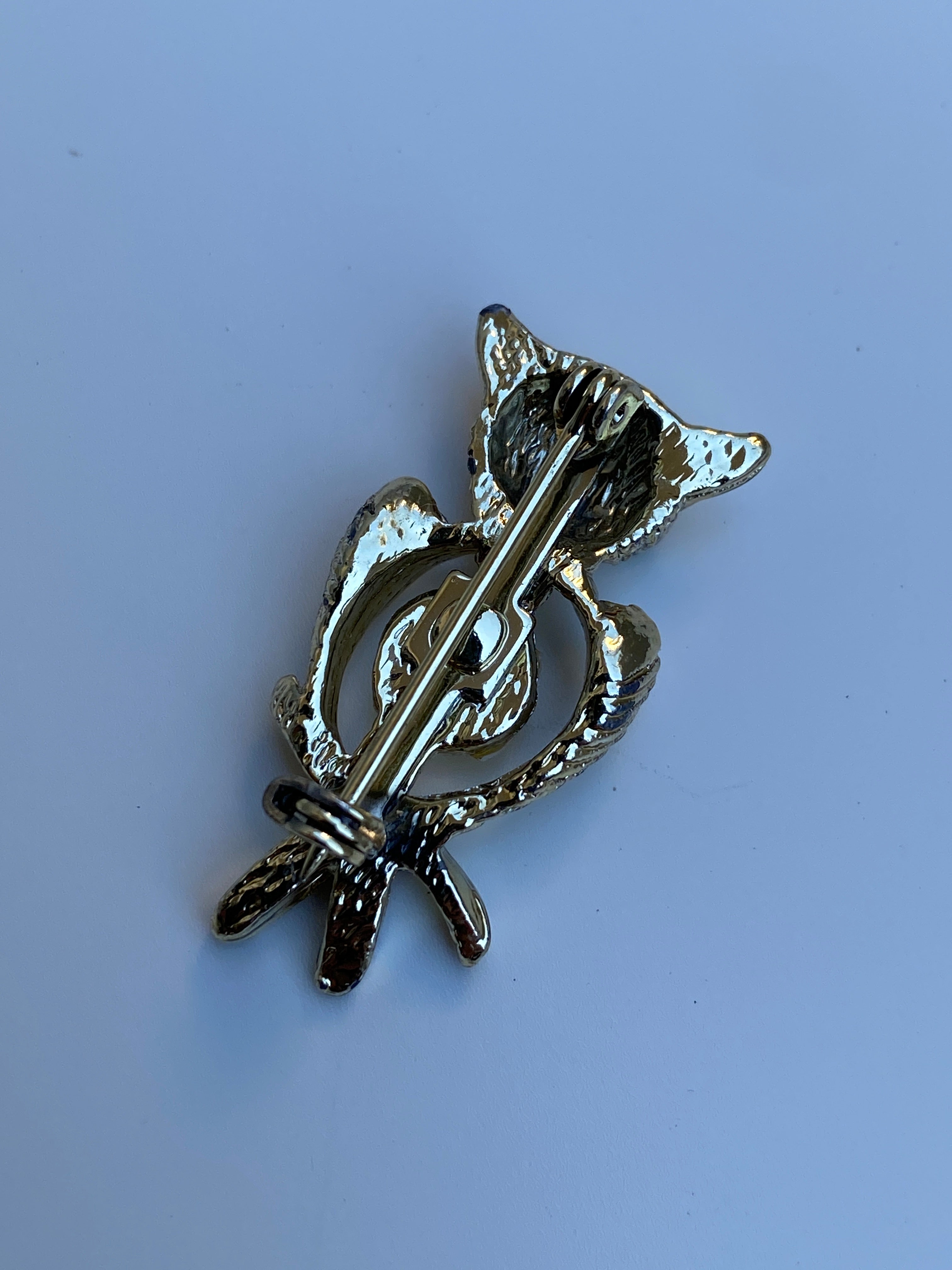 Vintage Mid-Century Gold Tone Green Rhinestone Owl Brooch