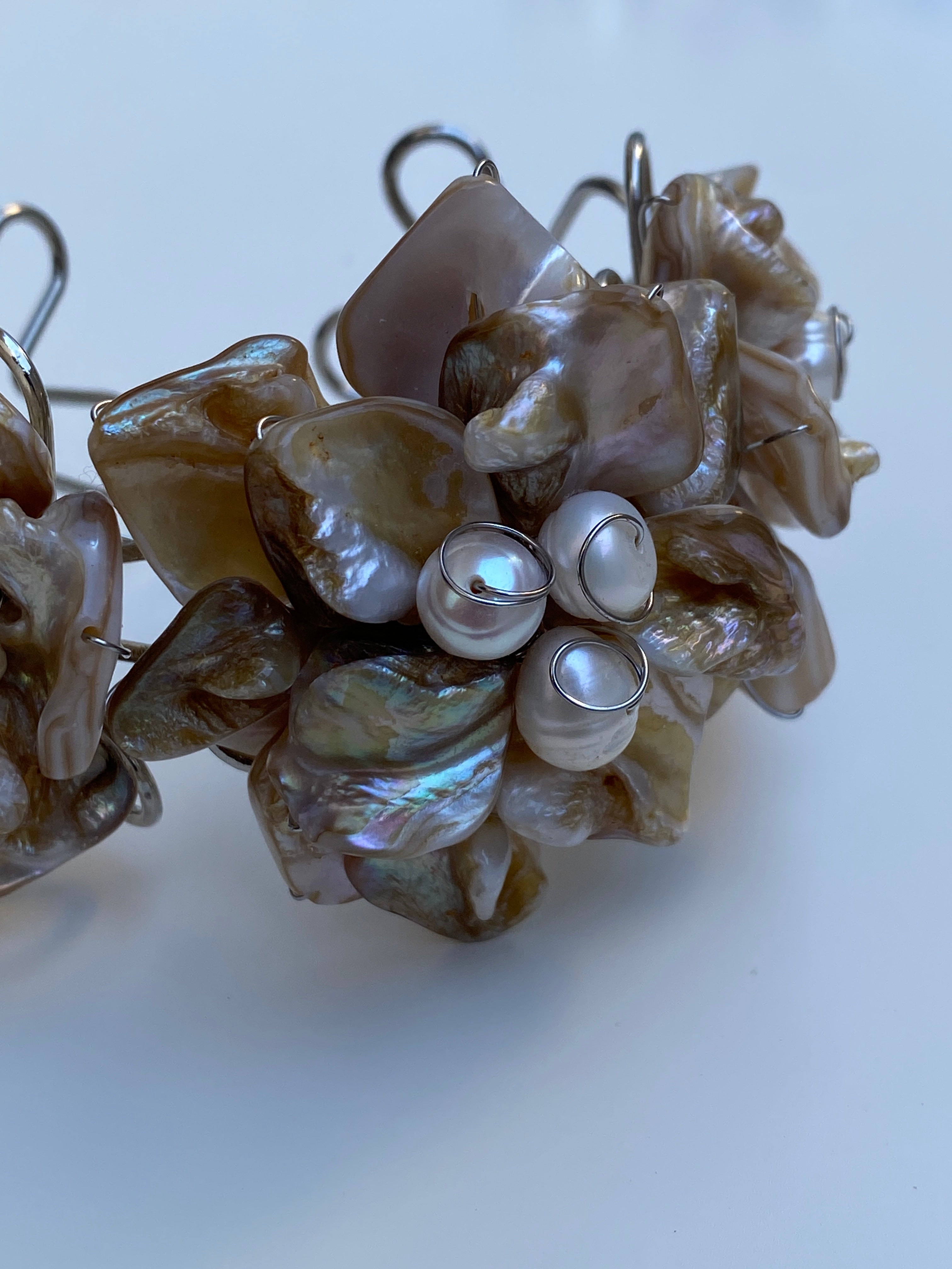 Vintage Mother of Pearl Cluster Cuff Handmade Artisan Shell Bracelet