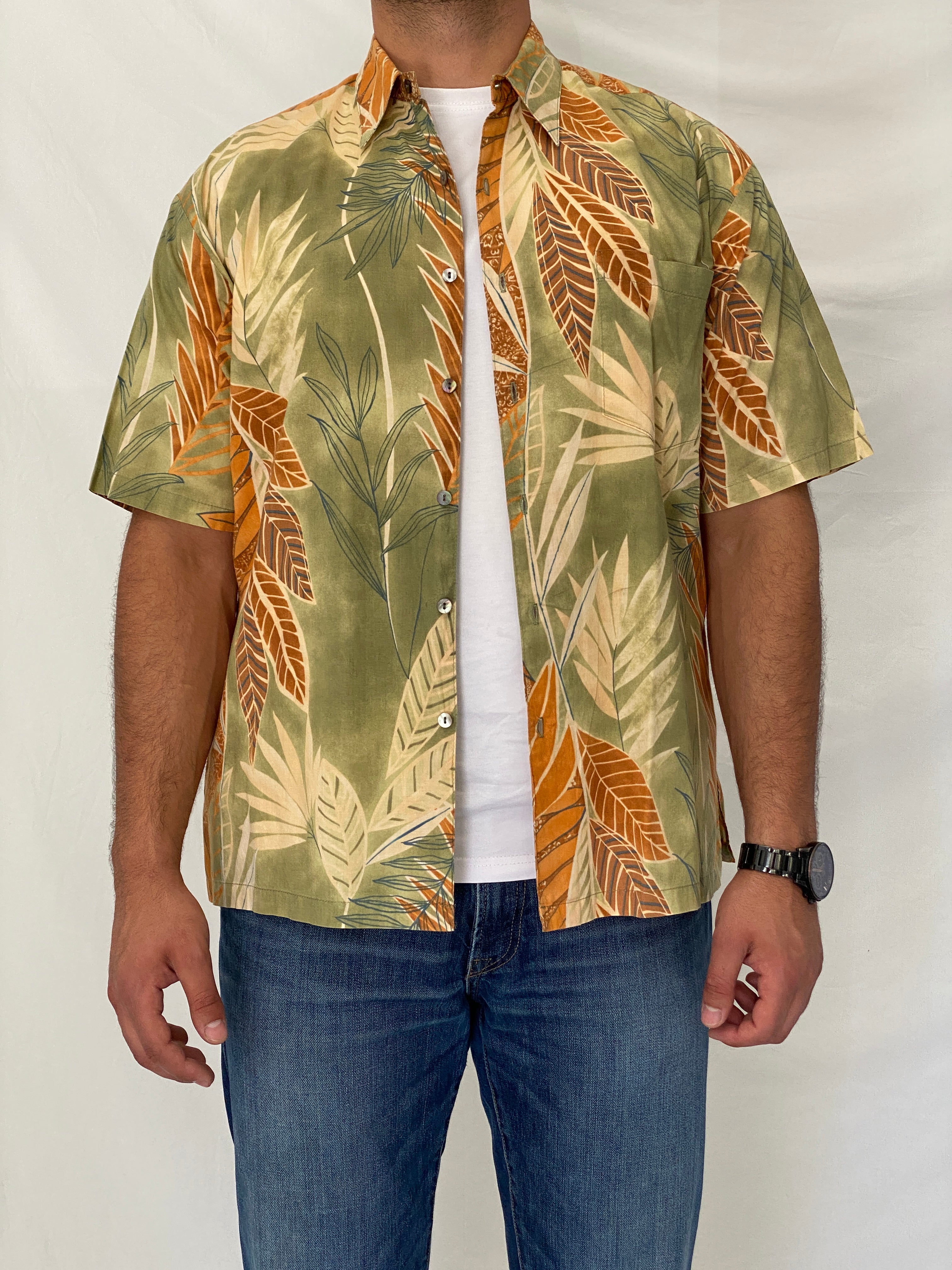 Vintage Tori Richard USA Tropical Leaf Print Cotton Hawaiian Shirt – L