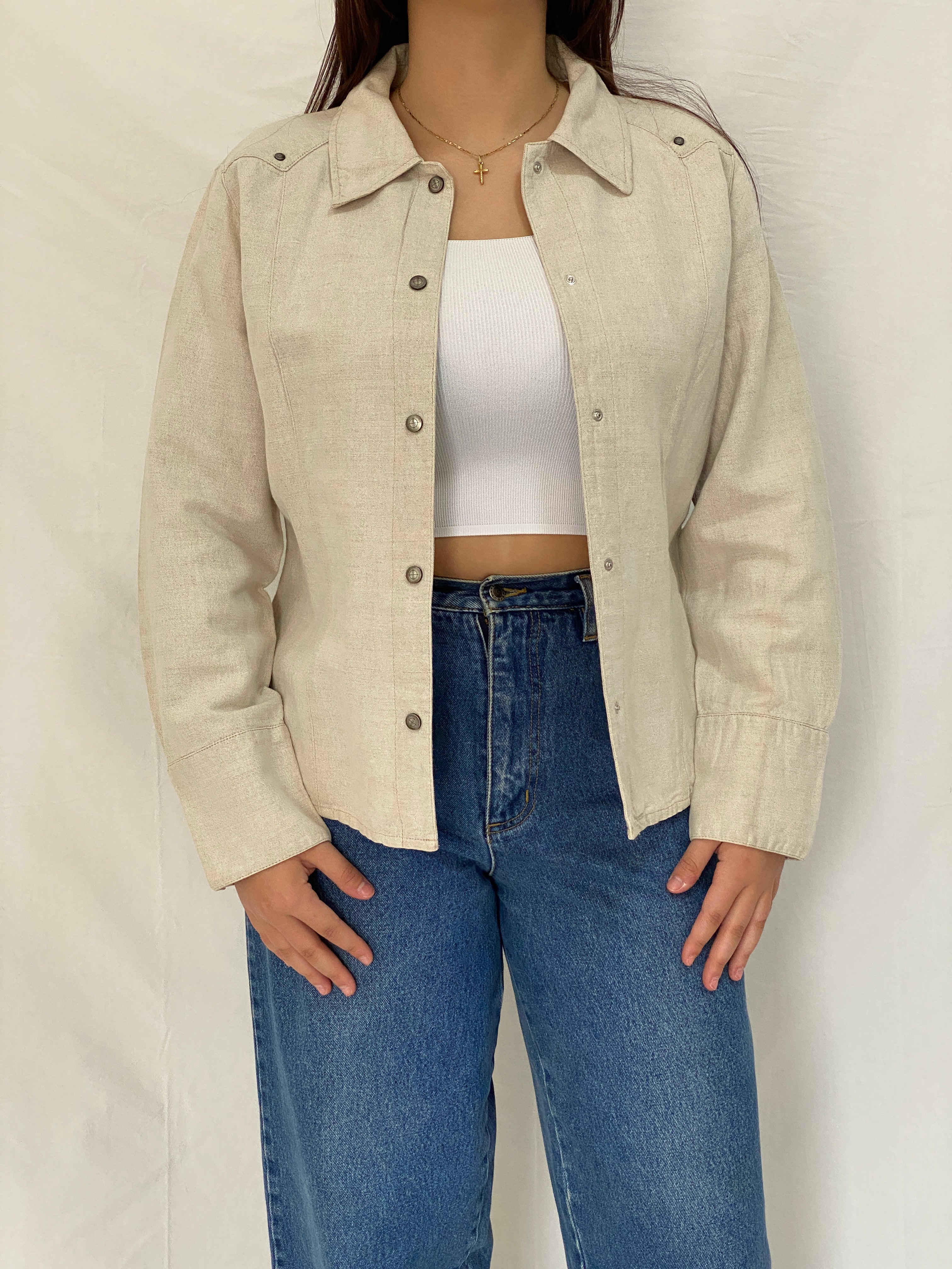 Vintage Y2K Zaffiri Beige Linen Blend Lace-Up Back Western Shirt - L