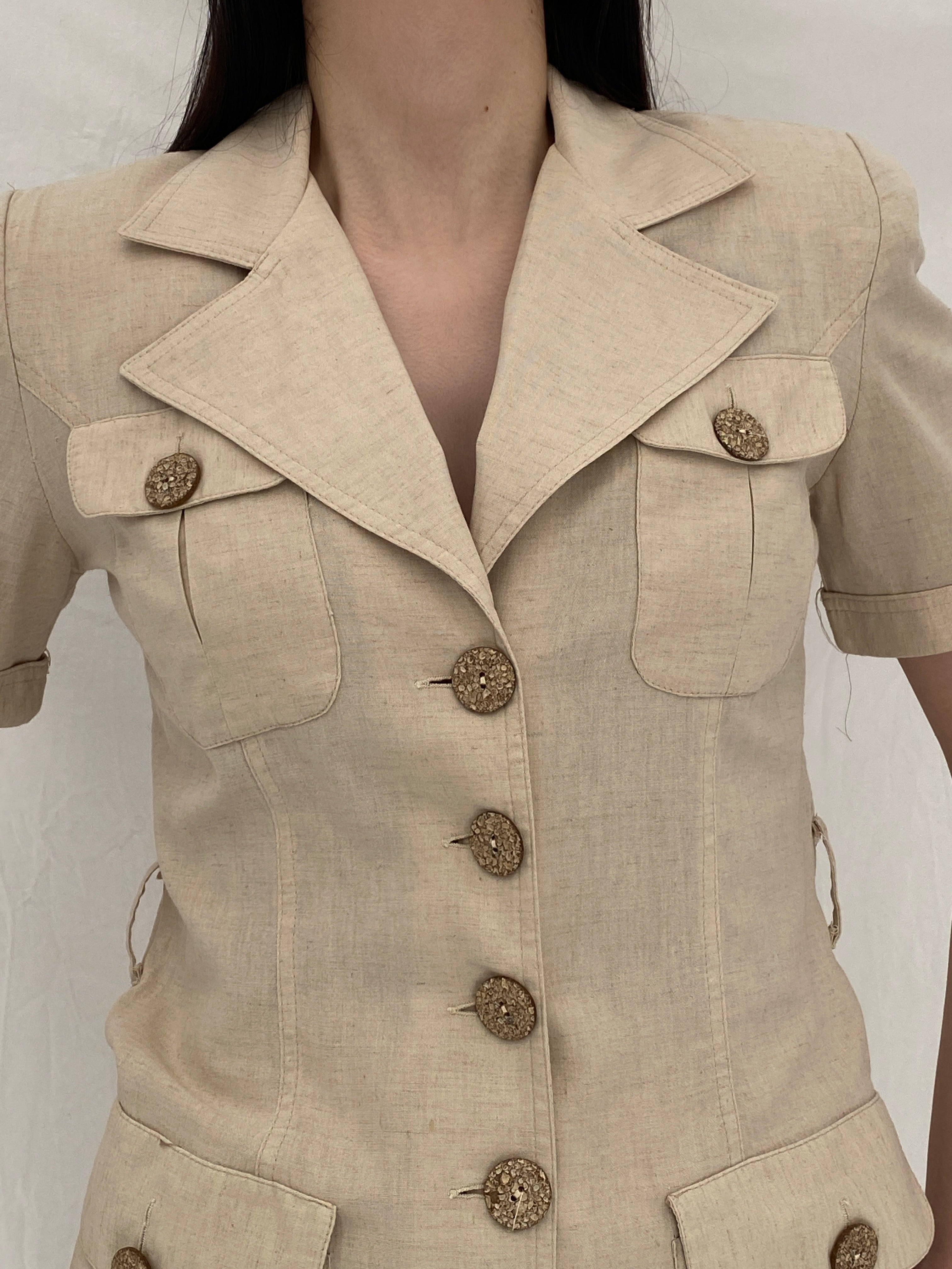 Vintage SISAN Couture Beige Safari-Style Linen Blend Belted Dress - S