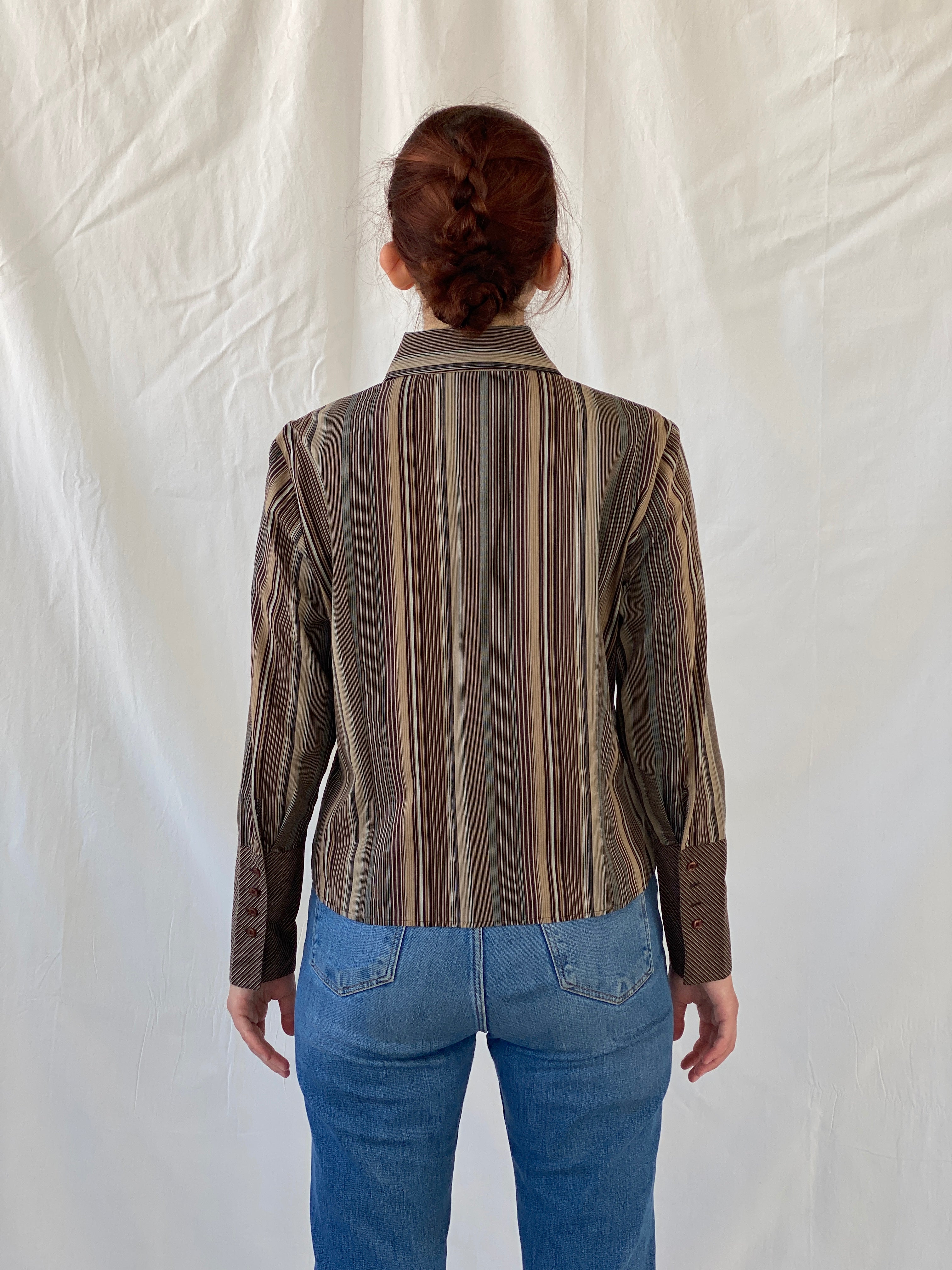 Vintage Taifun Collection Striped Brown Long Sleeve Office Shirt - M