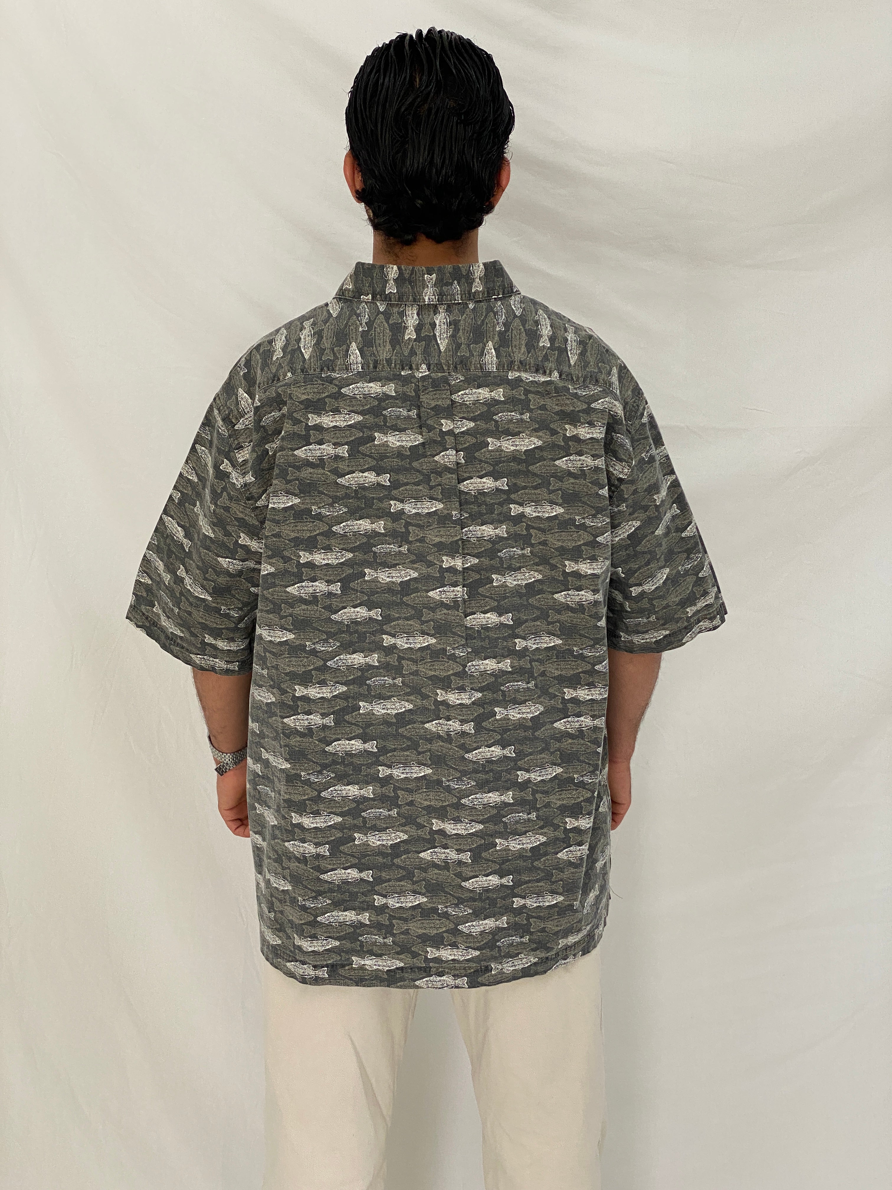Vintage Puritan Fish Print Gray Cotton Button Up Shirt Oversized Coastal Shirt - XL