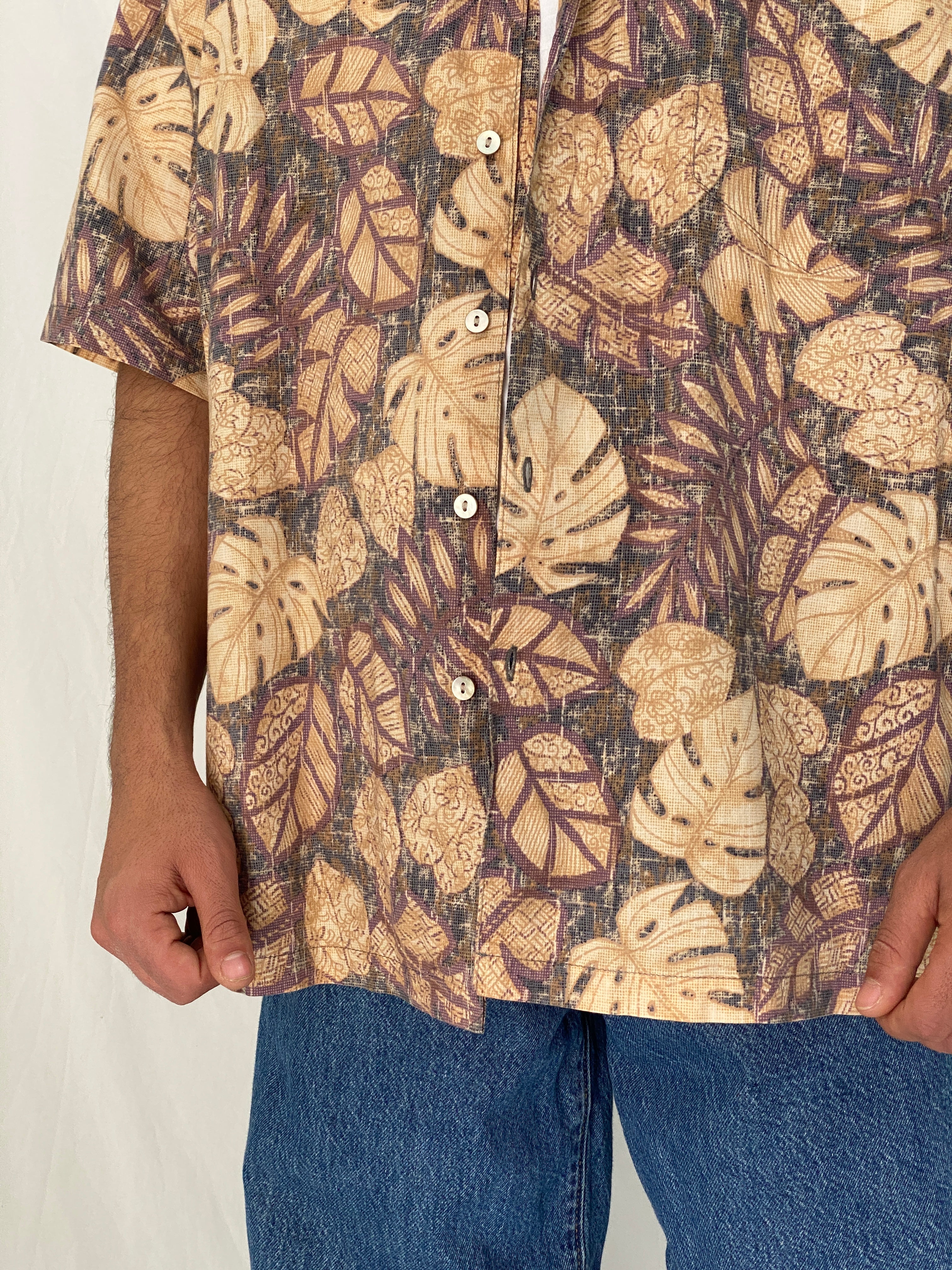 Vintage Tori Richard Hawaiian Shirt Beige Brown Tropical Print Camp Collar Aloha Shirt - L