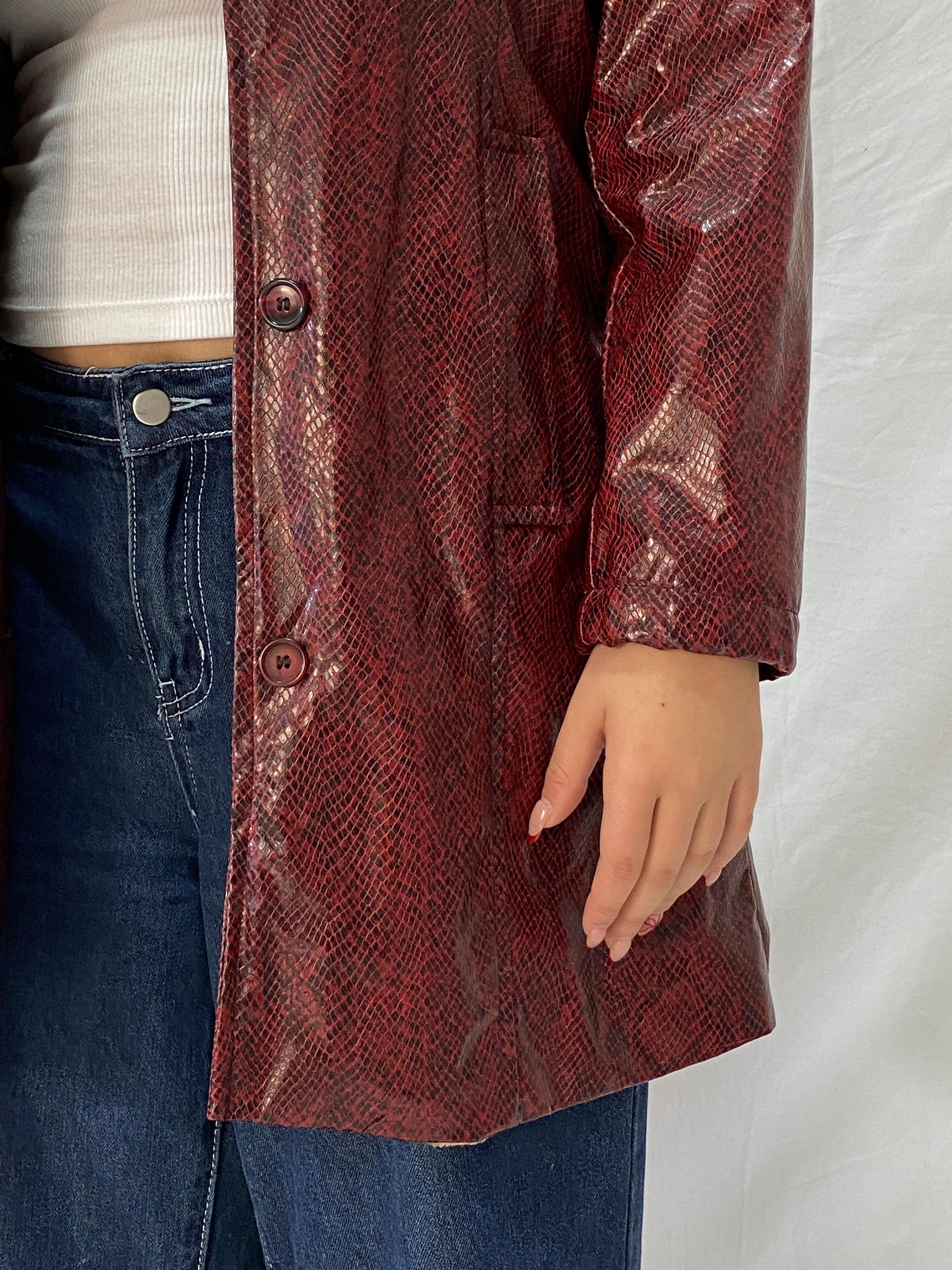 Vintage Burgundy Snakeskin Faux Leather Lined Coat with Leopard Print Interior – M