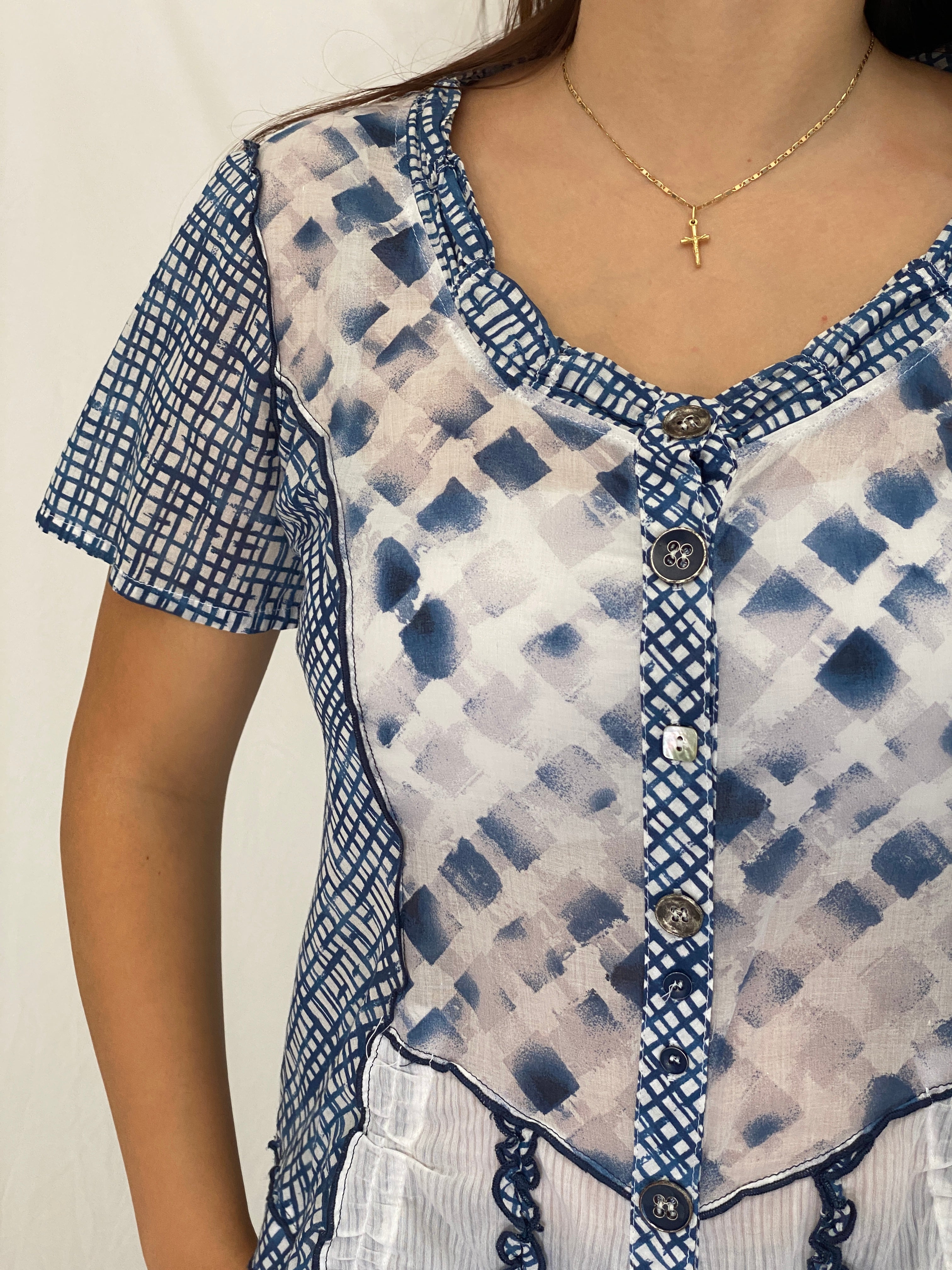Vintage Y2K BiBA Blue Patchwork Mesh Button-Up Blouse - M