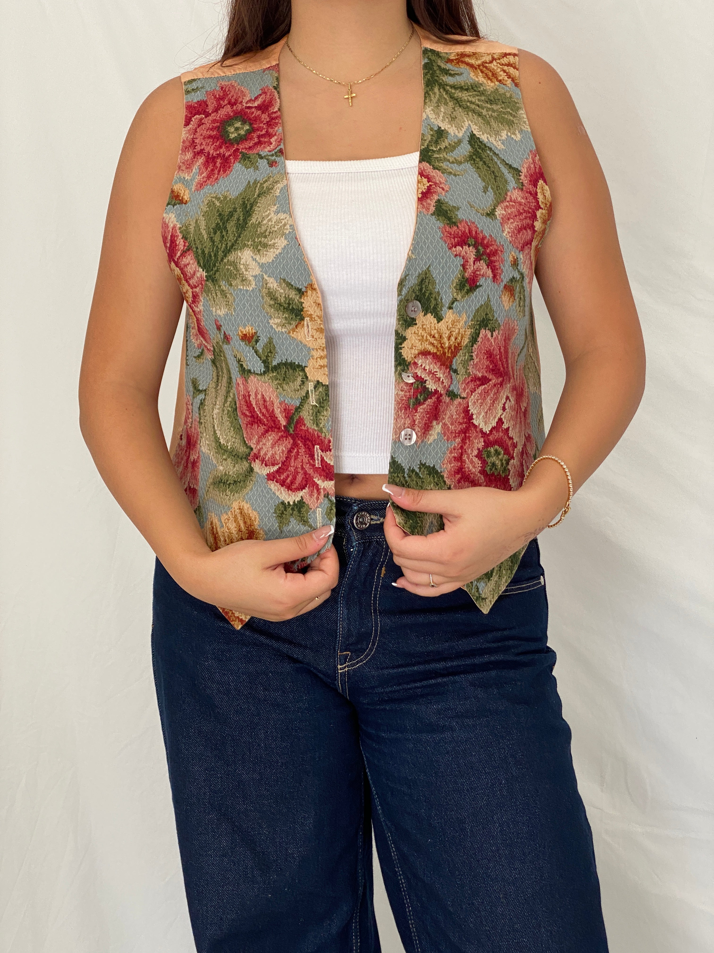 Vintage Cottagecore Floral Jacquard Pink Blue Tapestry Vest - M