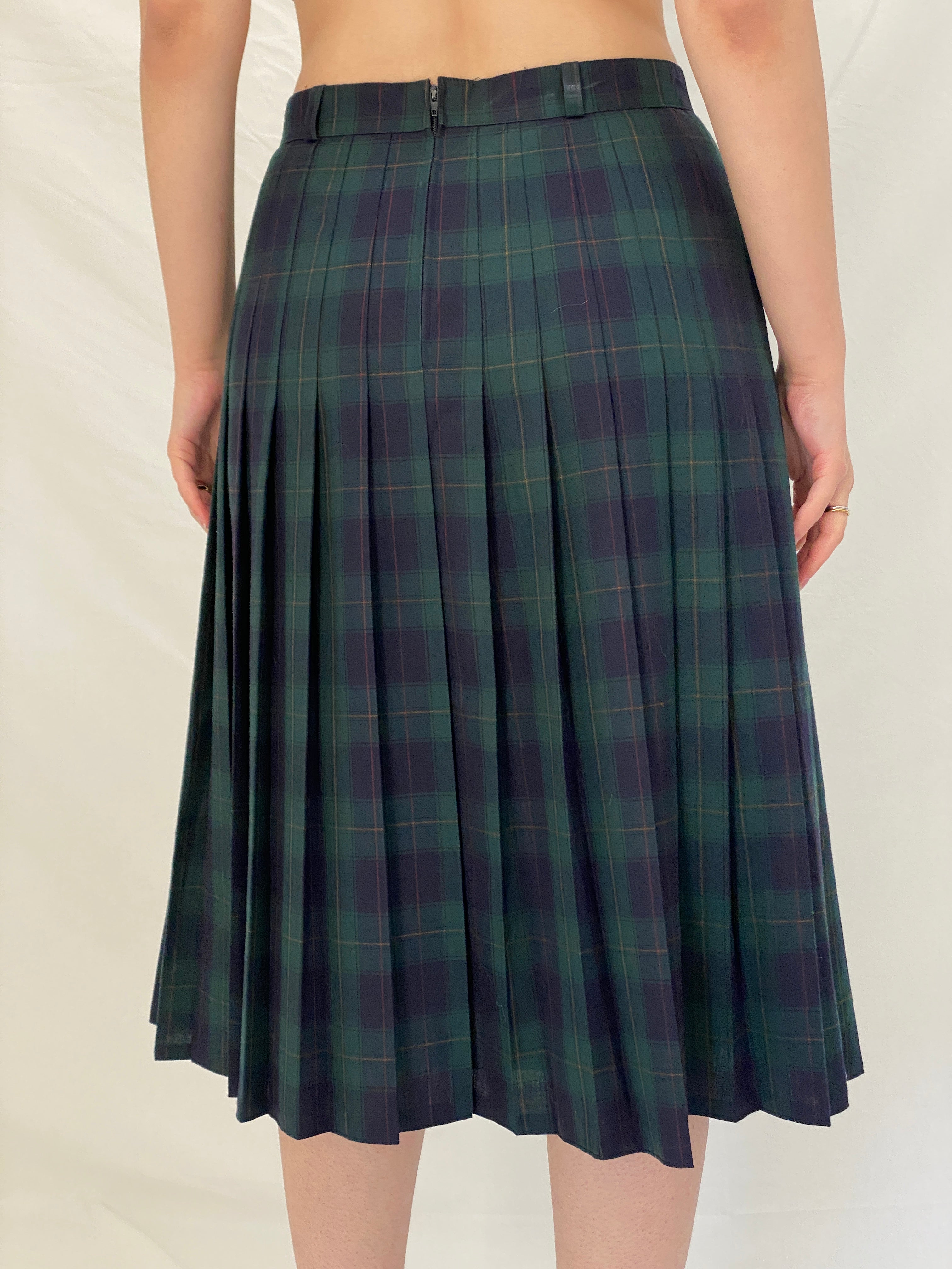 Vintage LADYS Preppy Green Plaid Tartan Clueless Pleated Midi Skirt - M