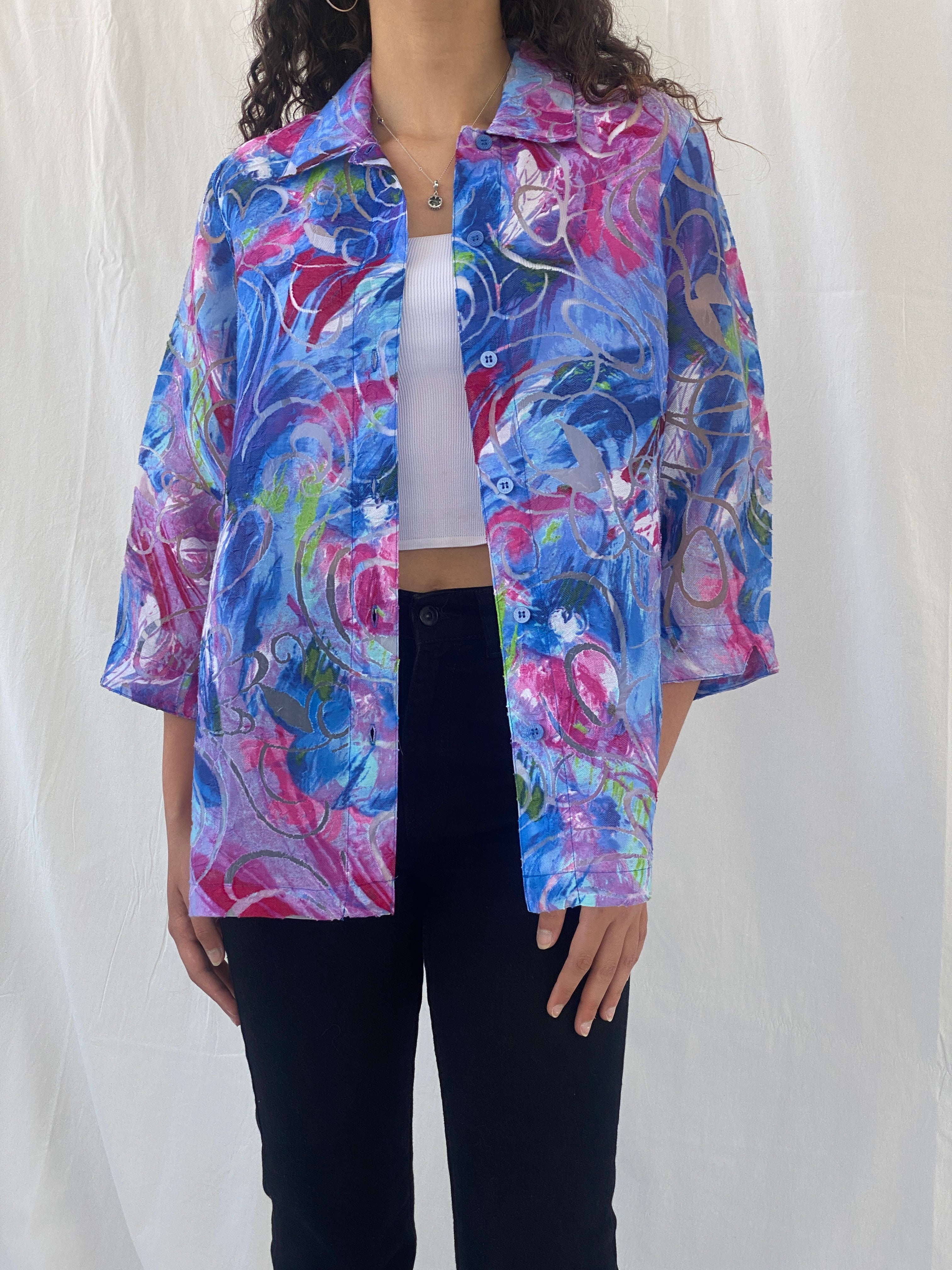 Vintage ALIA Floral Blue Pink Sheer Women’s 3/4 Sleeve Shirt - M