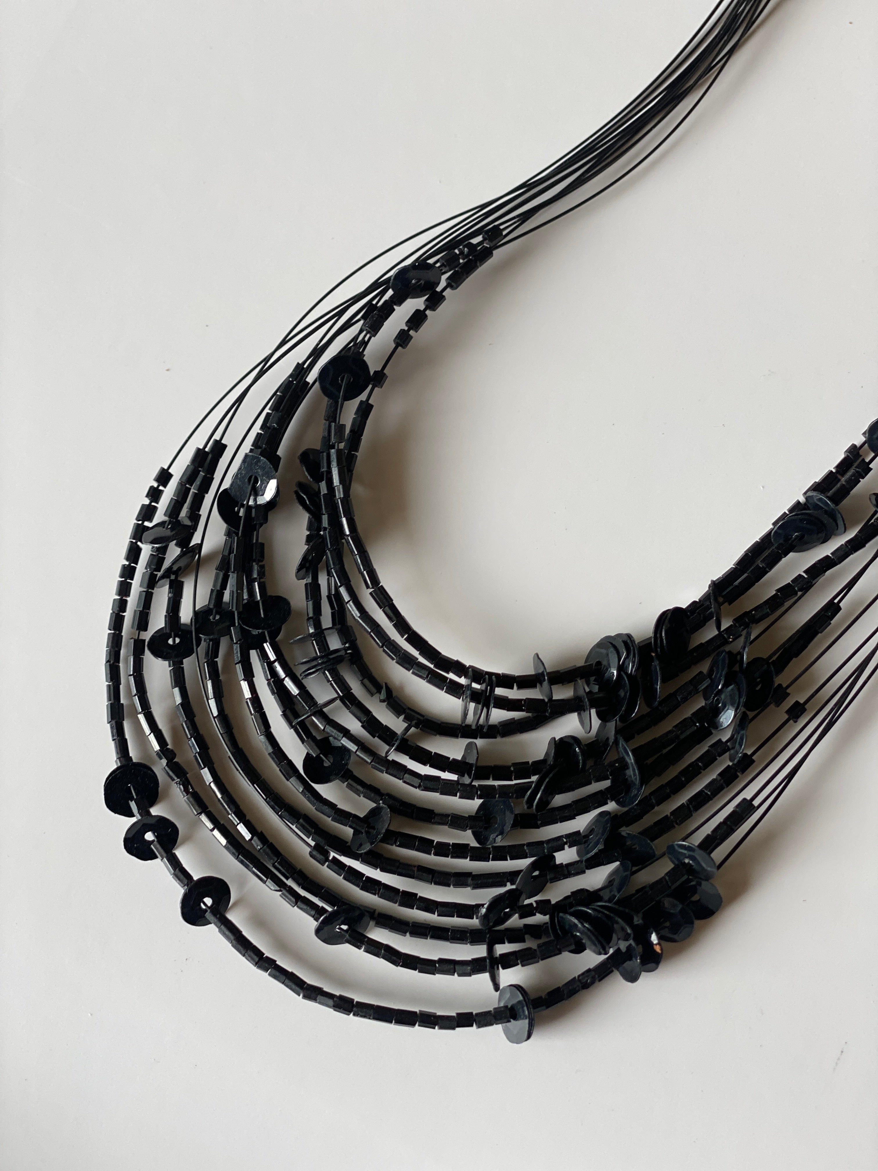 Vintage 1990s Black Multi-Strand Beaded Sequin Choker Necklace