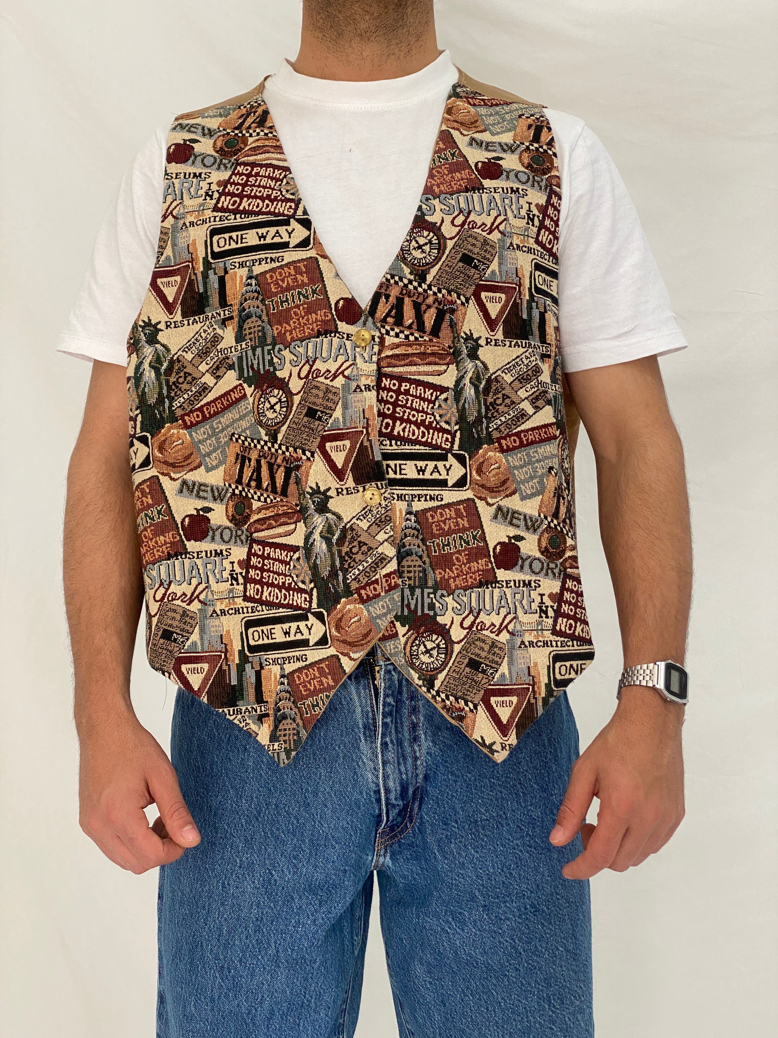 Vintage Basic Editions NYC Tapestry Vest Graphic Street Waistcoat – XL