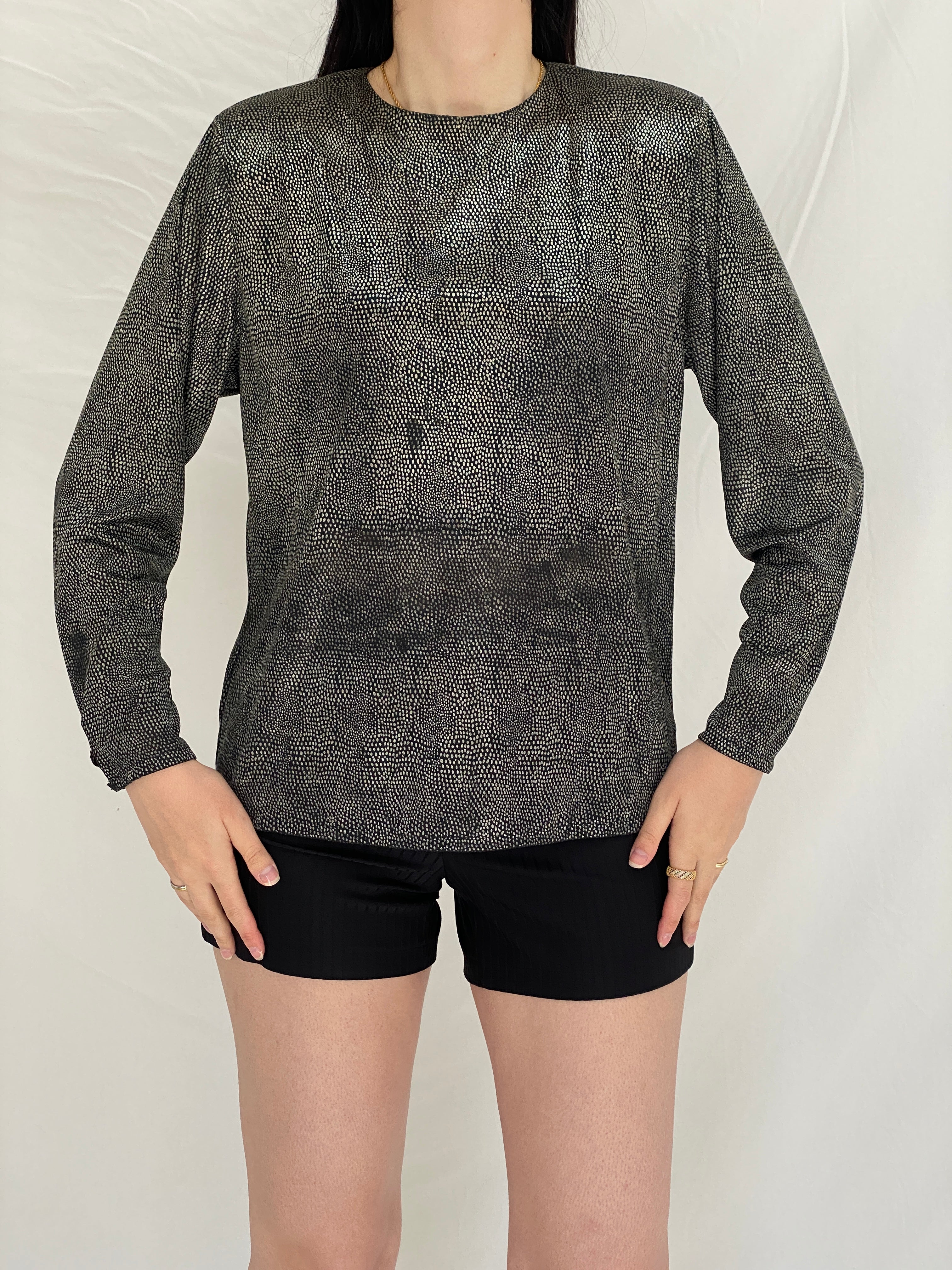 Y2K ML Studio Black Micro-Dot Long Sleeve Blouse - M