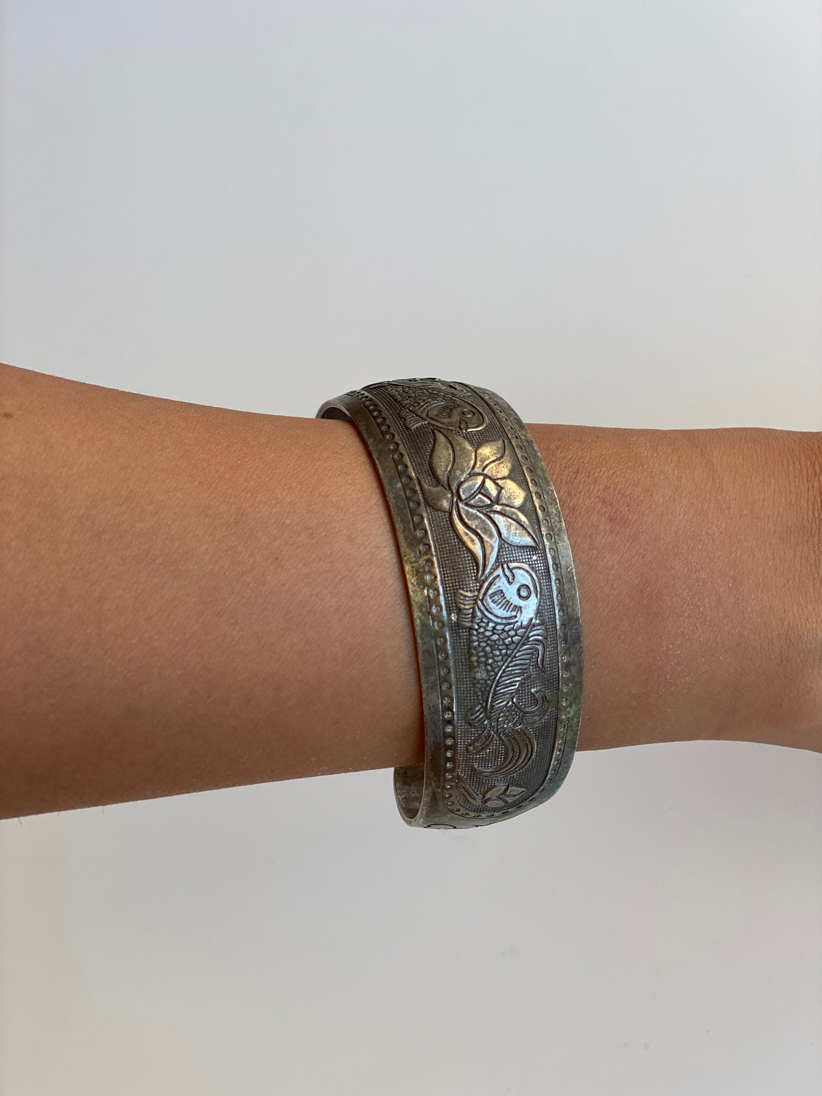 Vintage North African Style Silver-Tone Engraved Fish & Floral Wide Cuff Bracelet