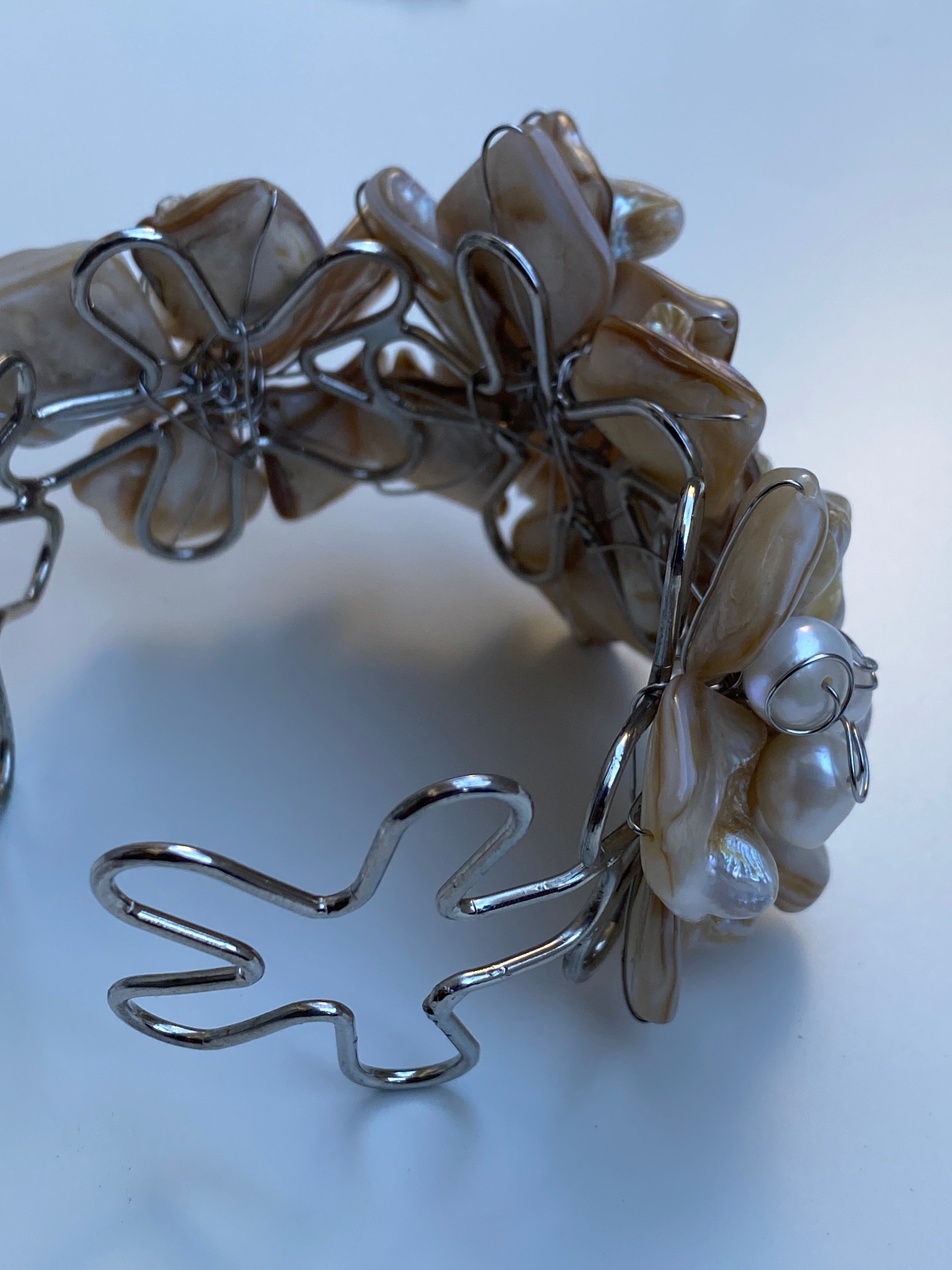 Vintage Mother of Pearl Cluster Cuff Handmade Artisan Shell Bracelet