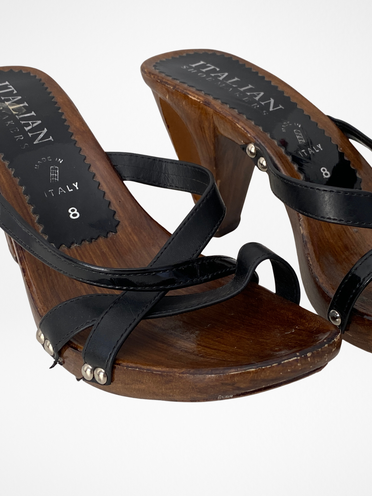 Vintage Y2K Italian Shoemakers Made in Italy Black Strappy Wooden Clog Heels - 39 EU