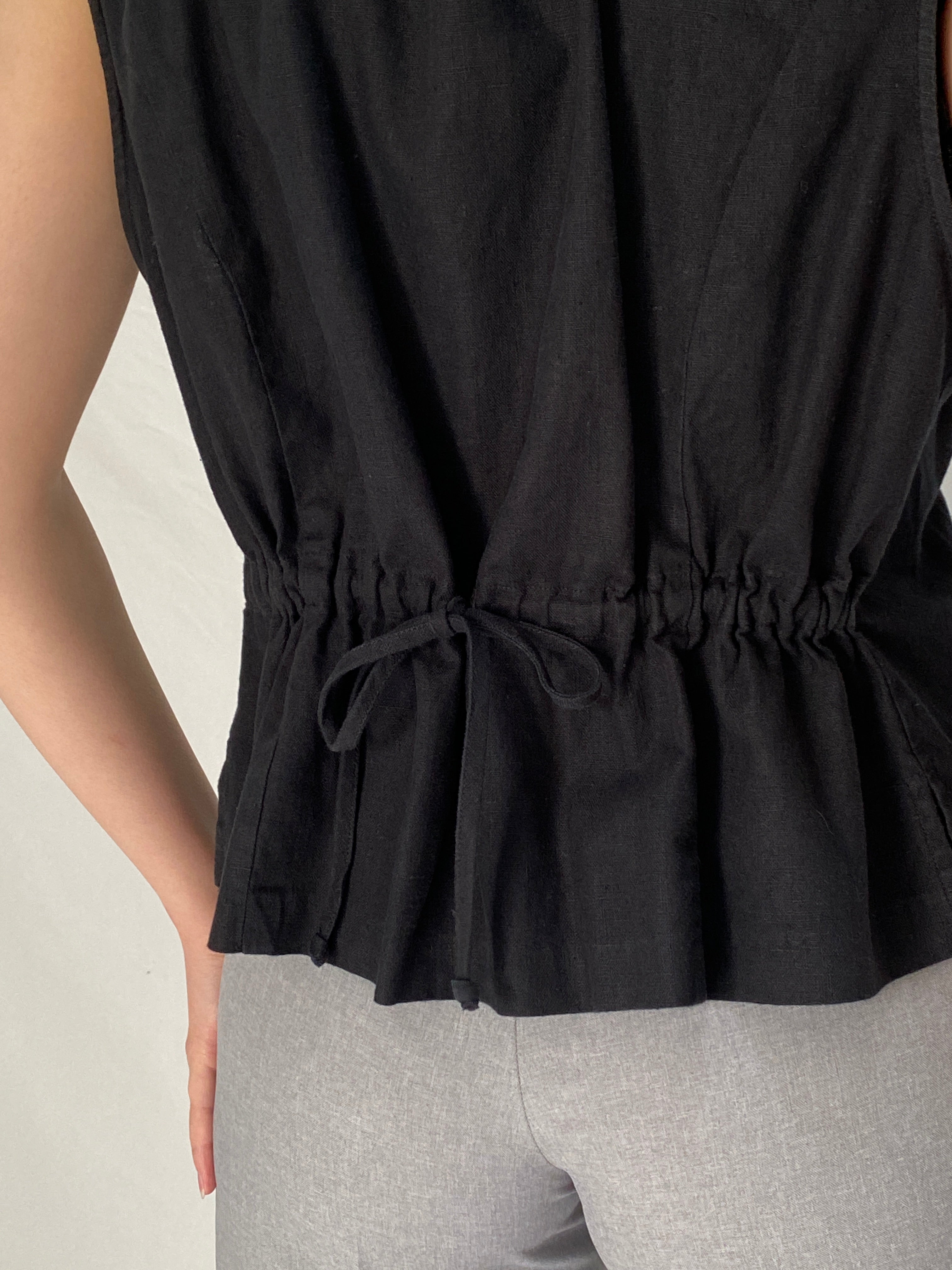 Vintage 1990s Robbie Bee Black Cotton Linen Blend Vest Gold Hardware Detail - XL