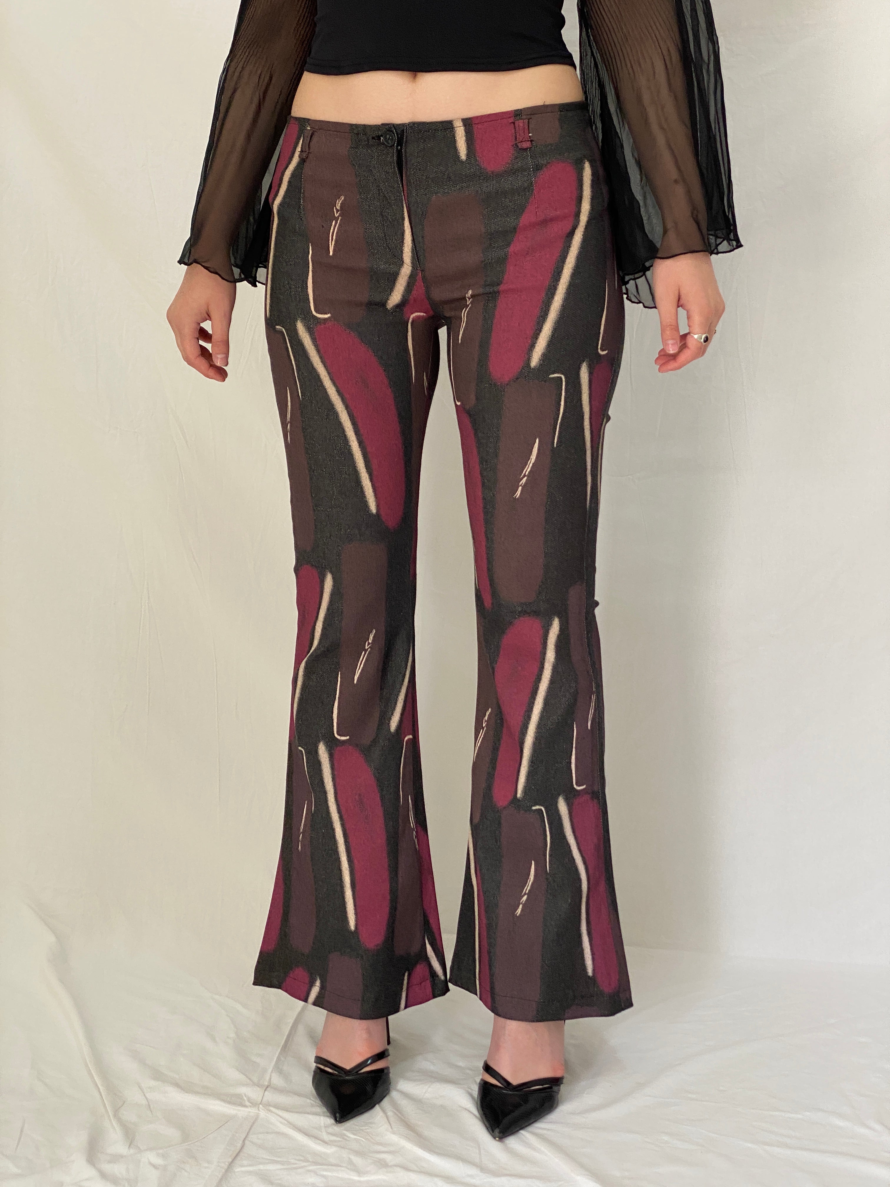 Vintage RECHE Abstract Art Flared Brown Burgundy Graphic Denim Pants - 38EU
