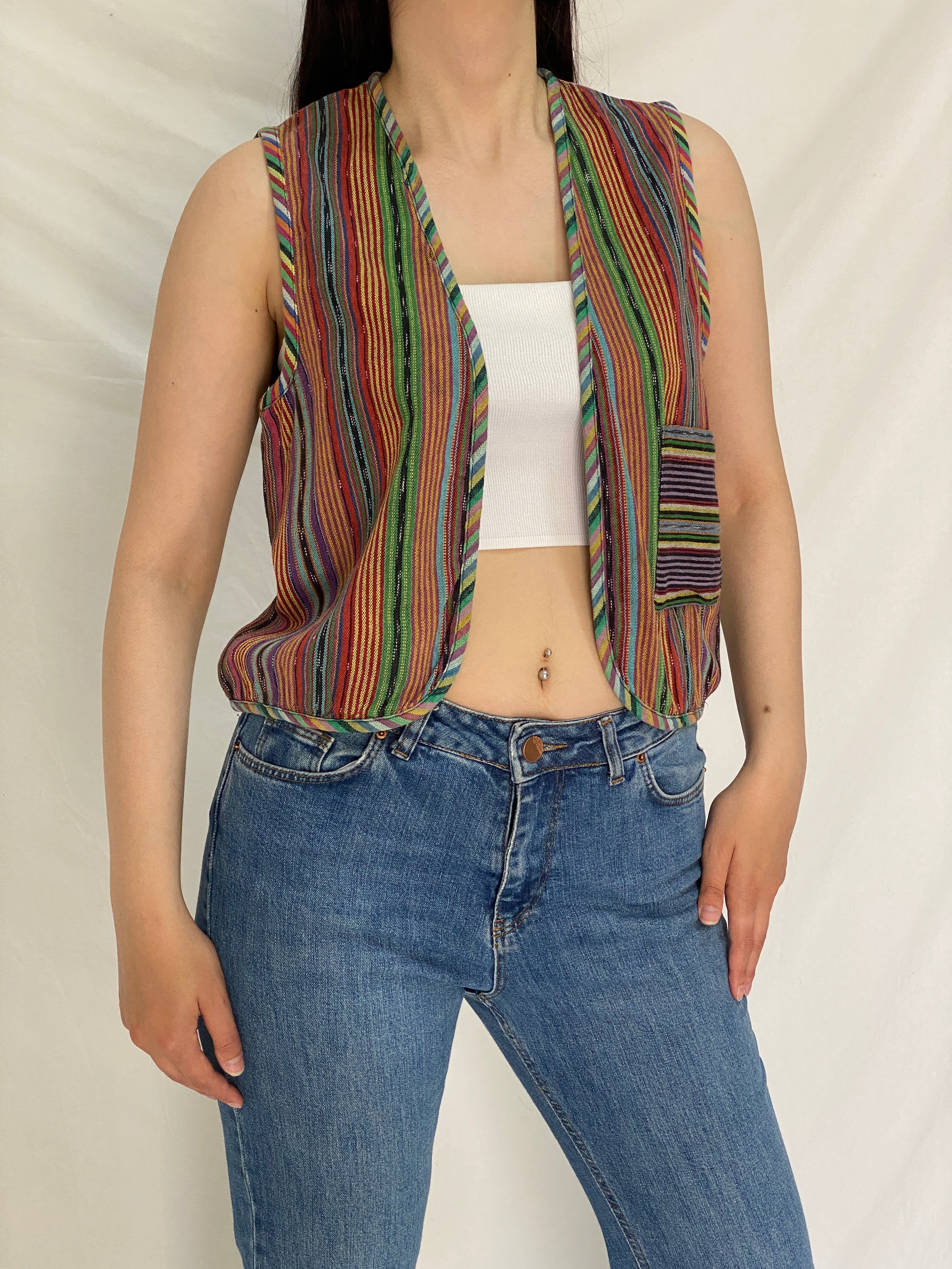 Vintage Esprit Cotton Striped Vest Rainbow Hippie Festival Open Front Waistcoat – M