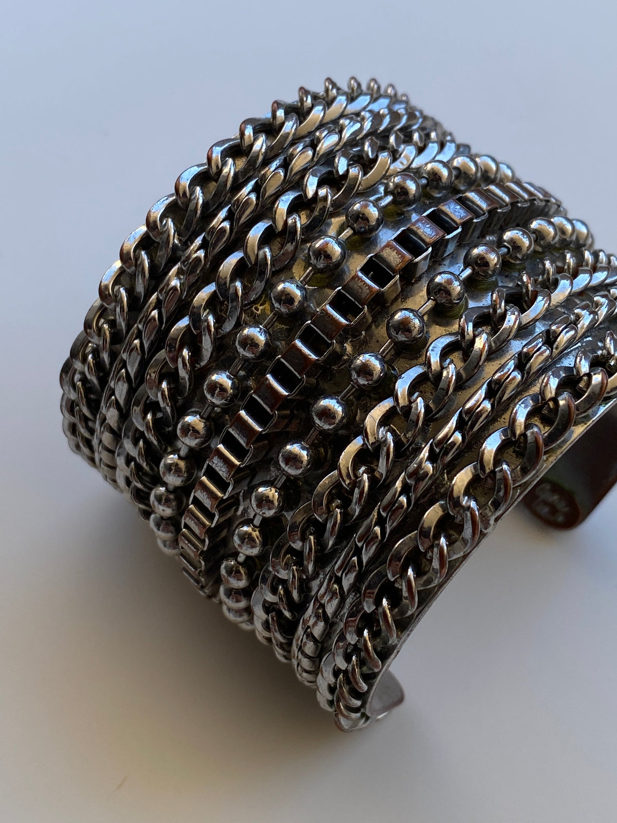 Vintage 90s/Y2K Cookie Lee Silver-Tone Mixed Chain Wide Statement Cuff Bracelet
