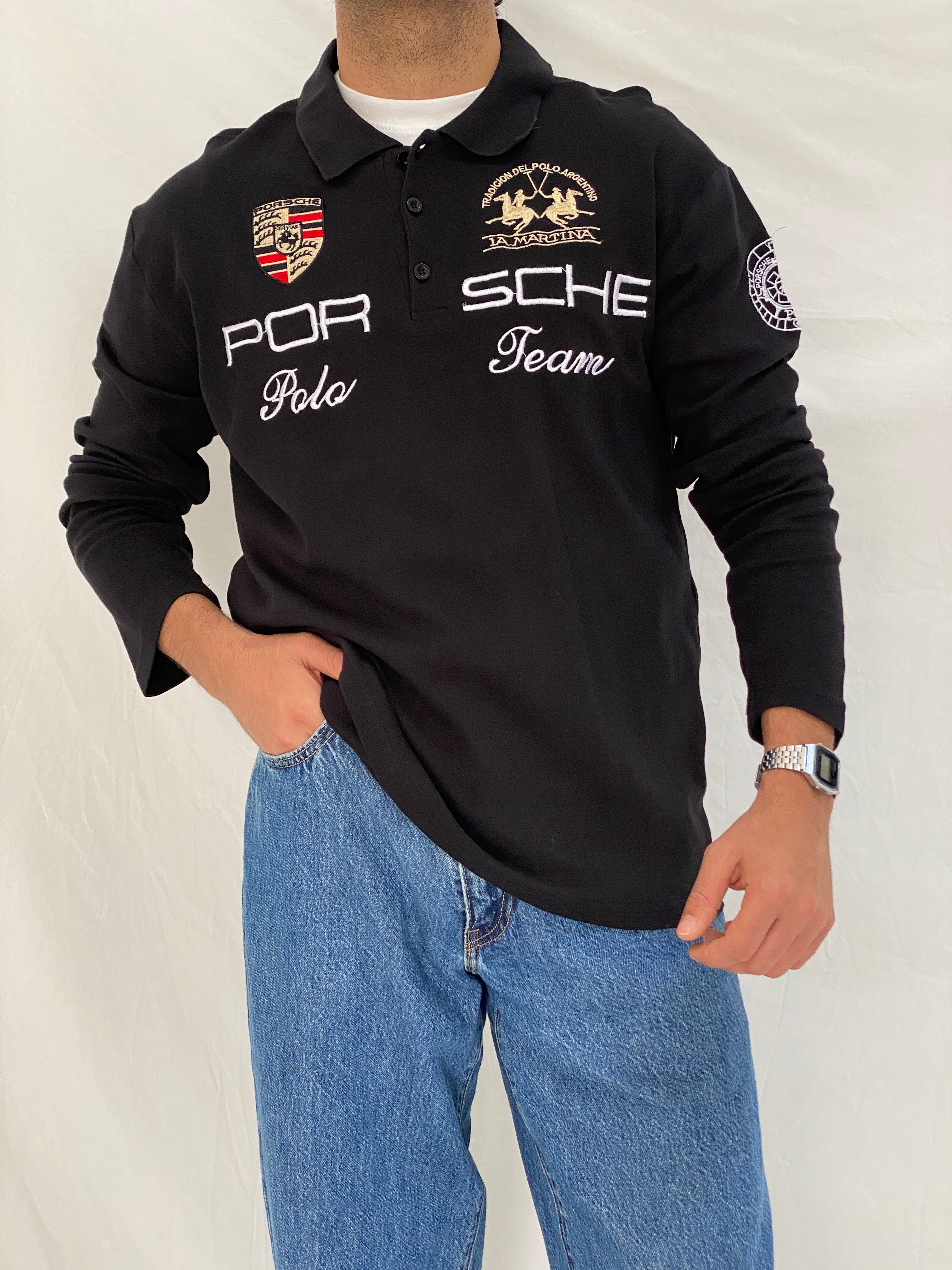 Vintage La Martina Porsche Team Rugby Top Polo Black Racing Shirt - L
