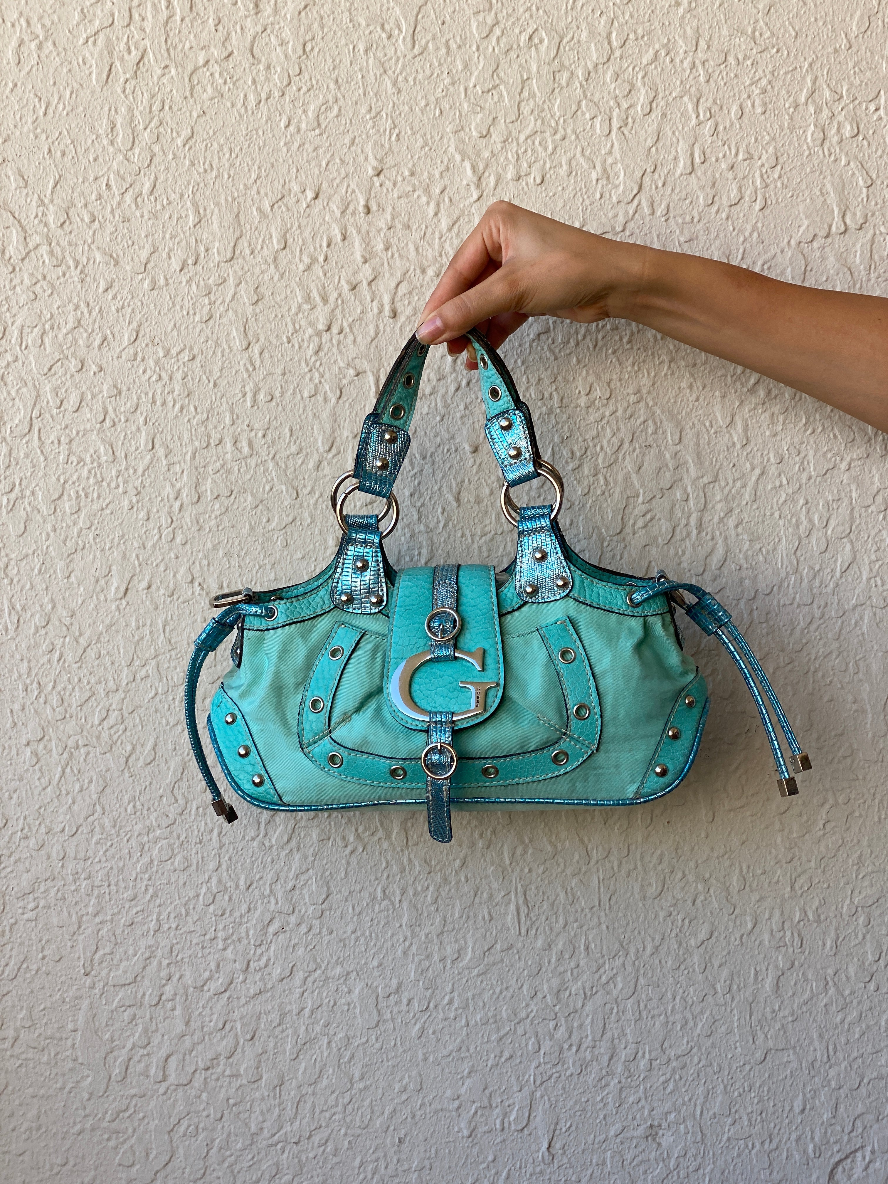 Vintage Y2K Guess Turquoise Satchel Bag with Logo G Hardware & Studded Trim Purse