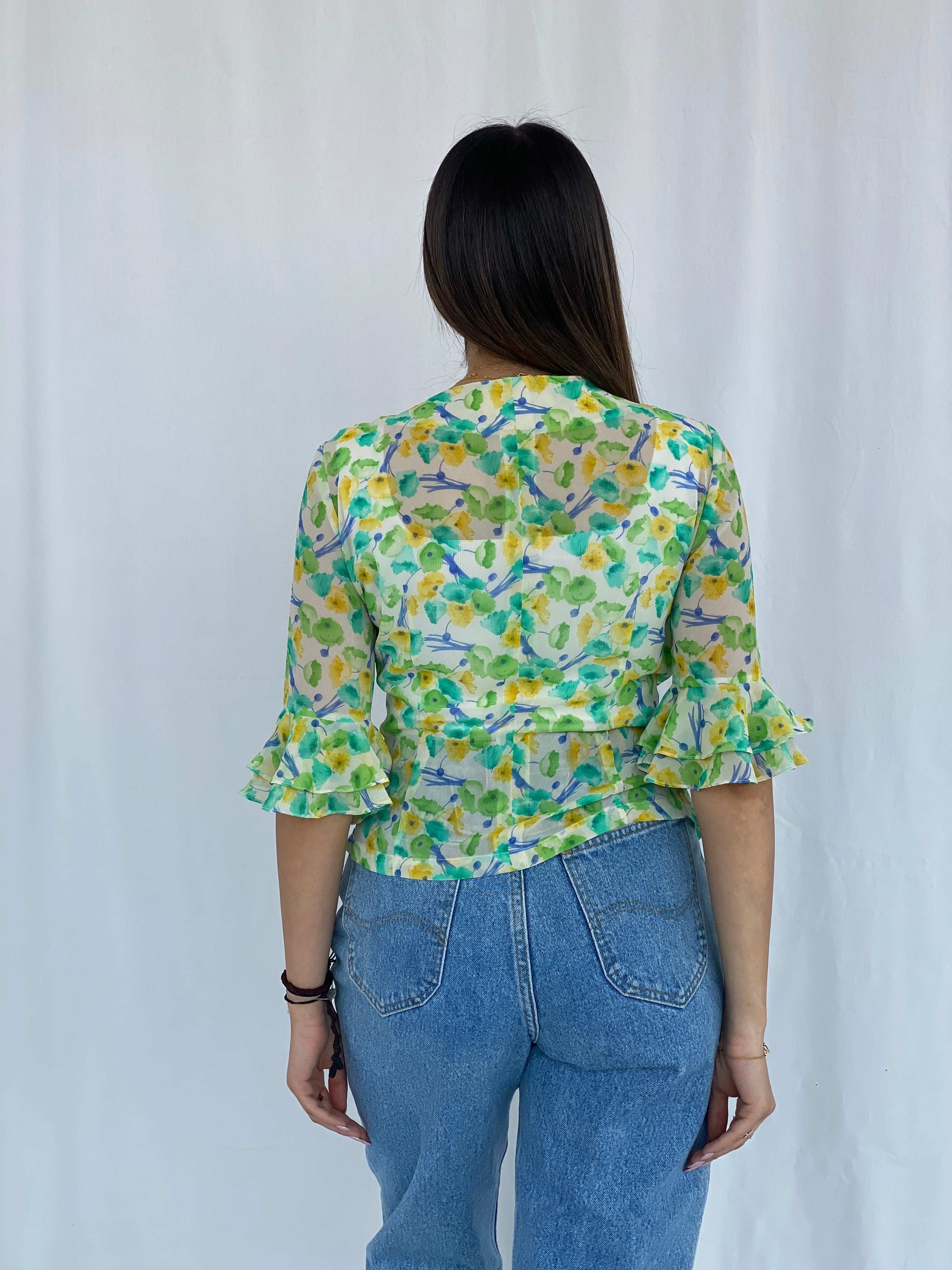 Vintage Floral Green and Yellow Shirt Size S - Balagan Vintage Half Sleeve Shirt floral, floral print, floral shirt, Juana, NEW IN