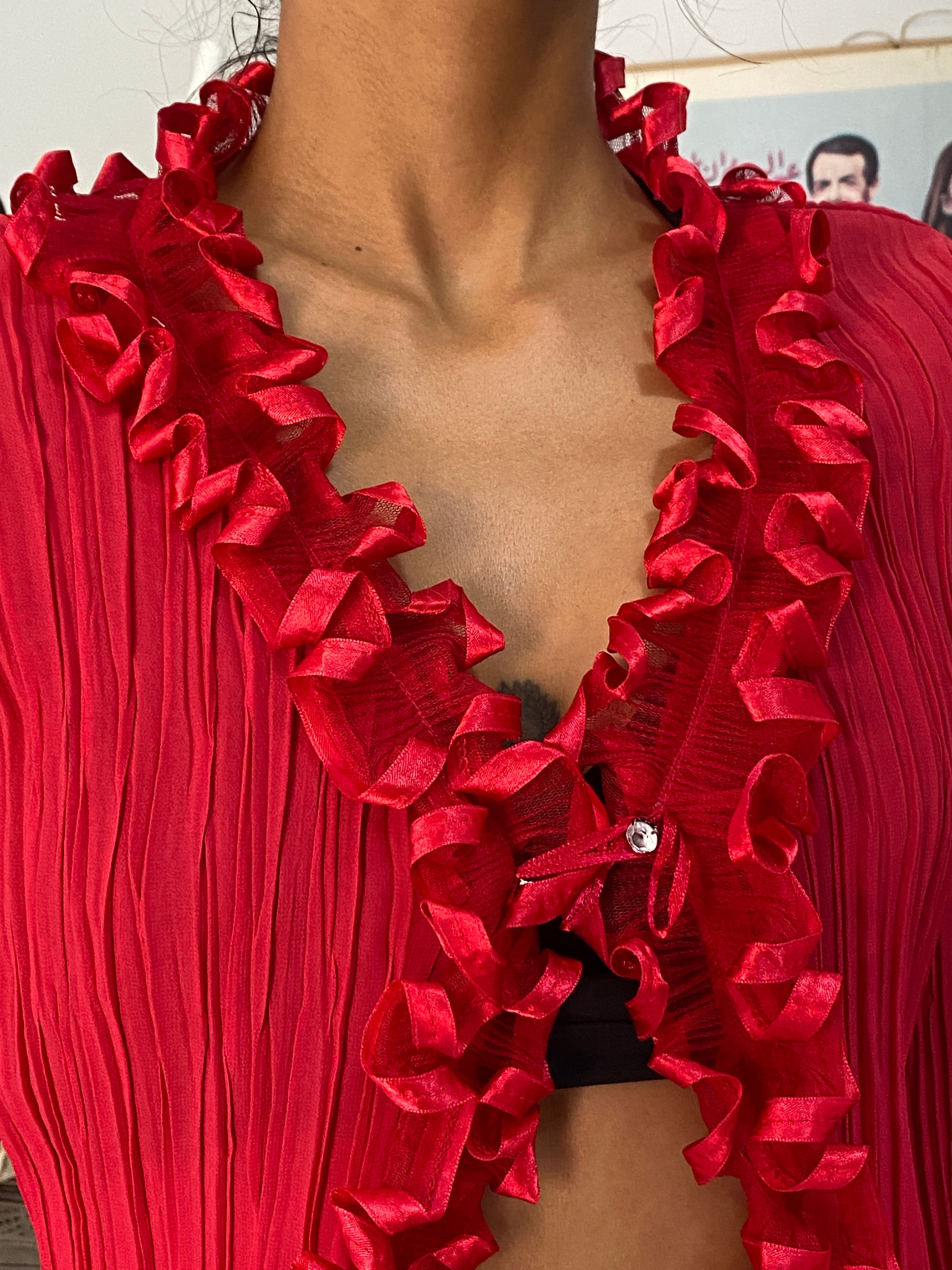 Vintage Y2K Red Pleated Ruffle Sheer Chiffon Statement Cardigan Top - M