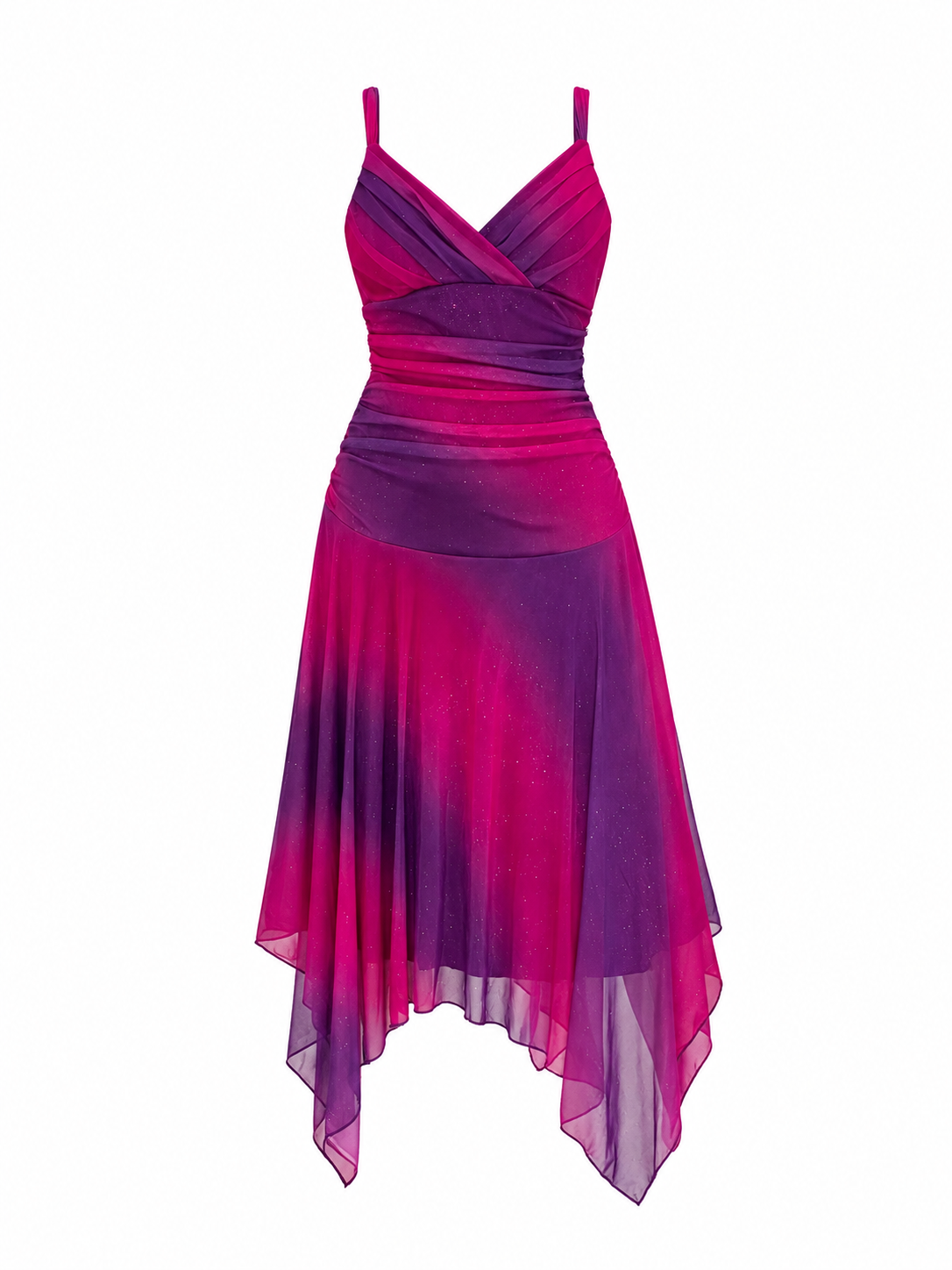 Vintage Y2K Three Pink Hearts Pink & Purple Ombré Glitter Mesh Handkerchief Midi Dress - L