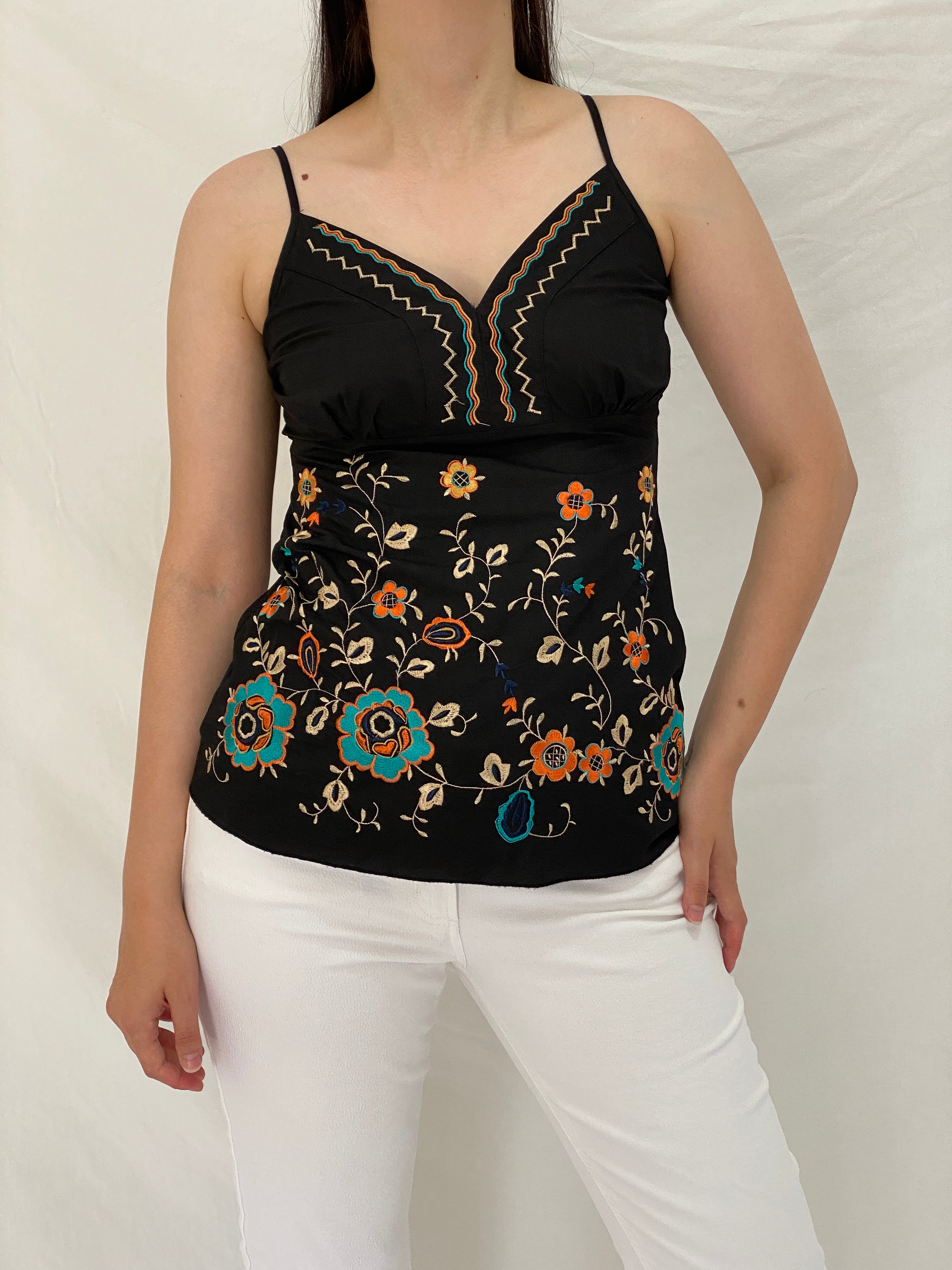 Y2K Black Floral Embroidered Cotton Cami Top – S