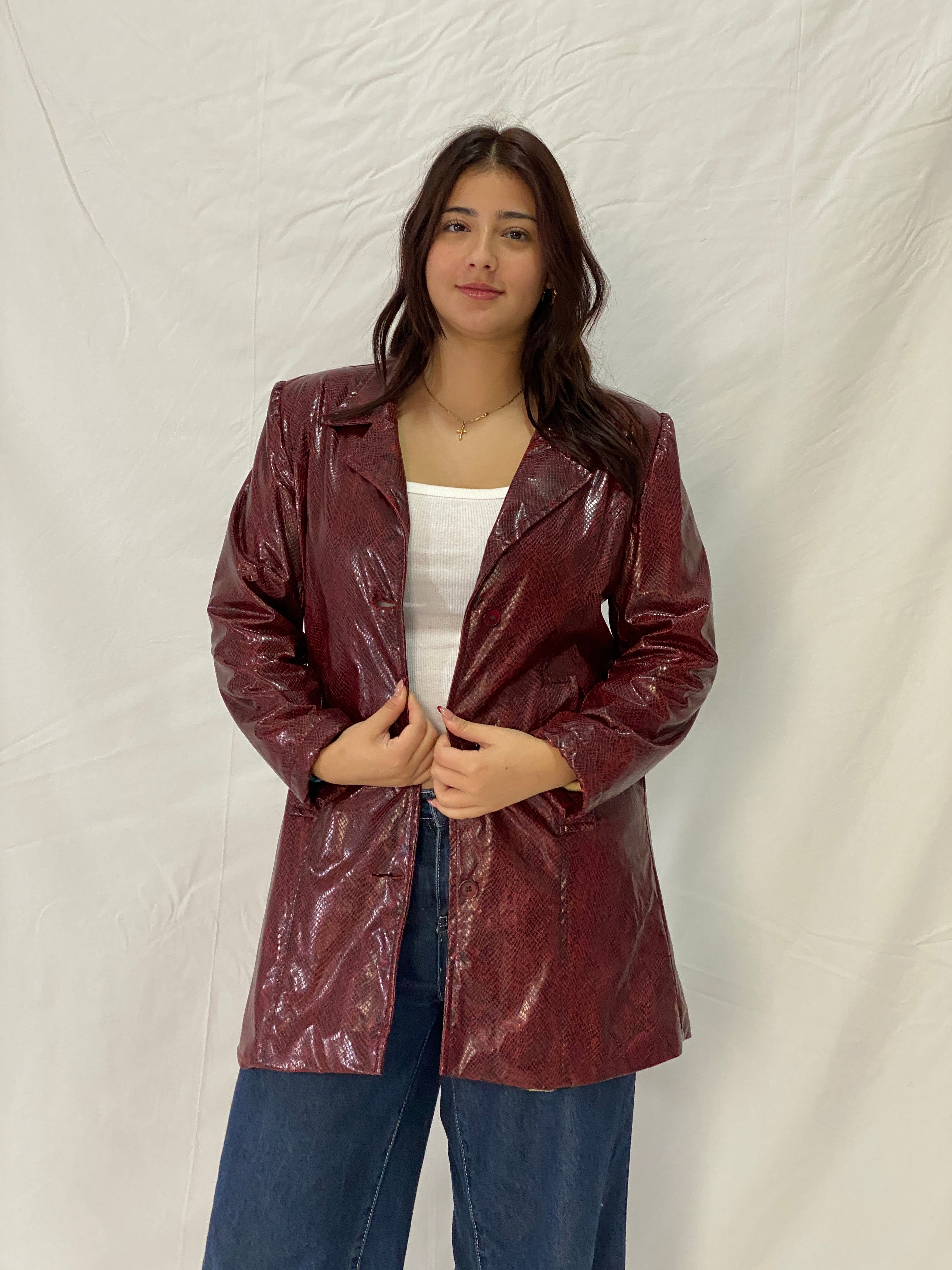 Vintage Burgundy Snakeskin Faux Leather Lined Coat with Leopard Print Interior – M