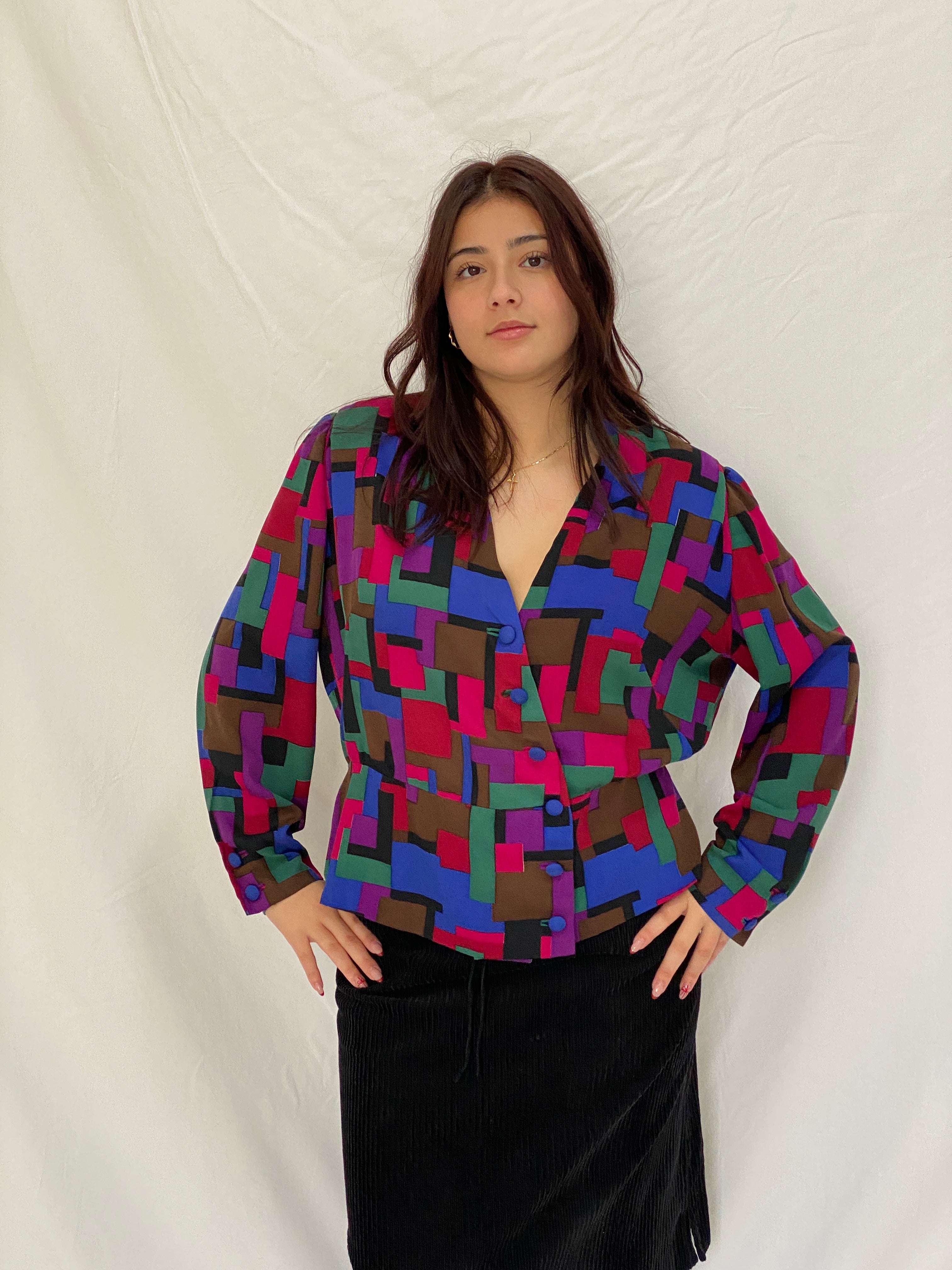 Vintage Handmade 80s Multicolor Abstract Geometric Print Long Sleeve Button-Up Shirt – XL