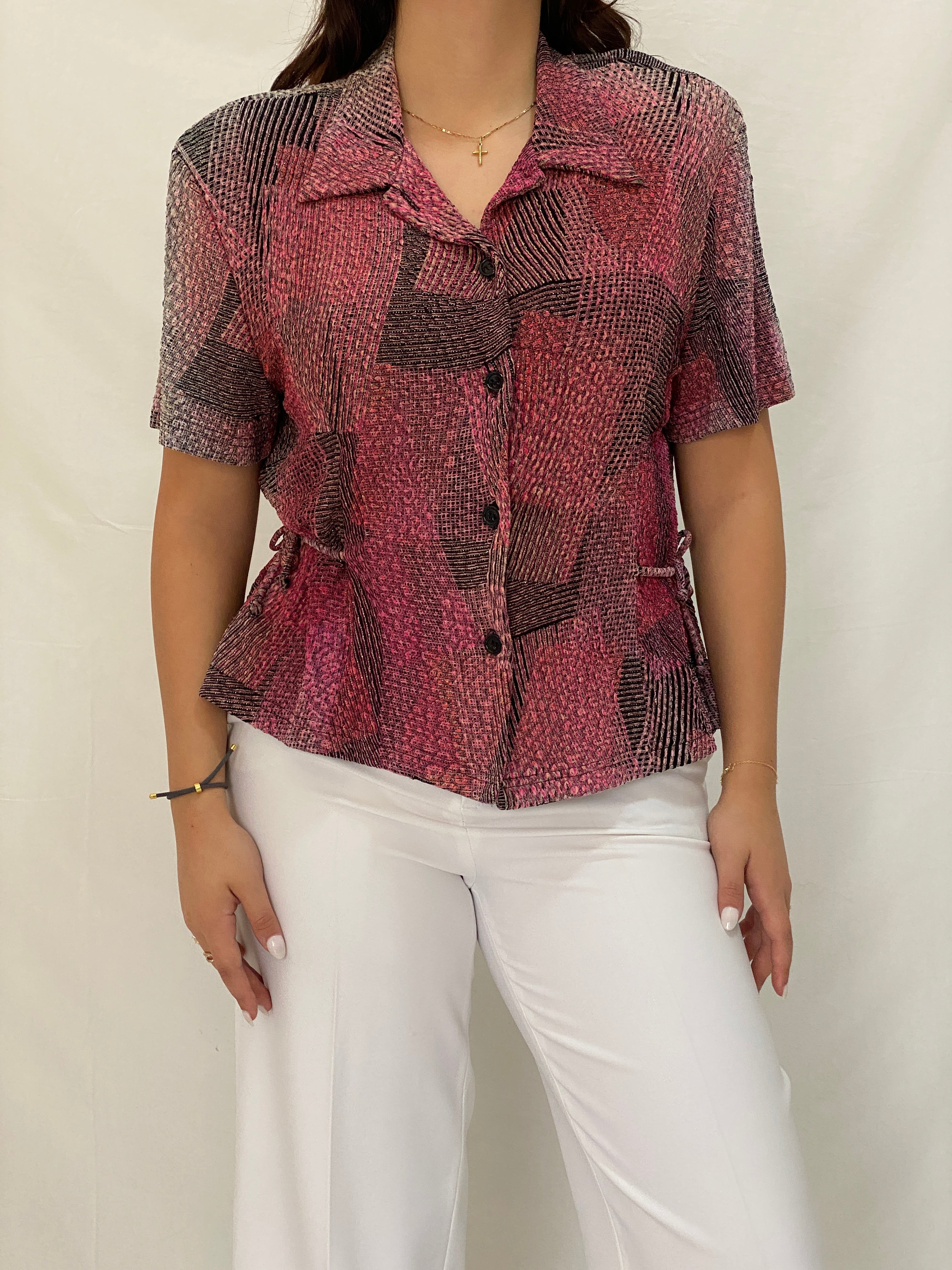 Vintage Positive Attitude Abstract Pink Button-Down Blouse Short Sleeve 90s Shirt - XL