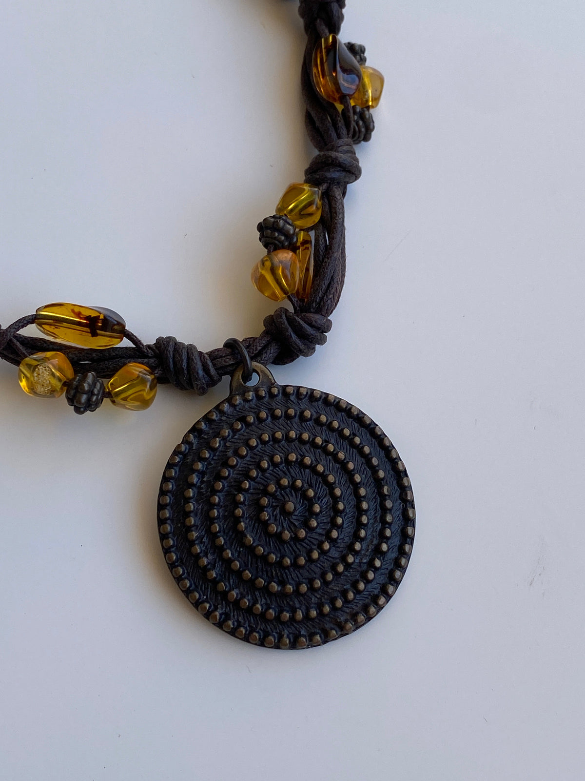 Vintage Y2K Boho Brown Cord Amber Bead Spiral Medallion Statement Necklace