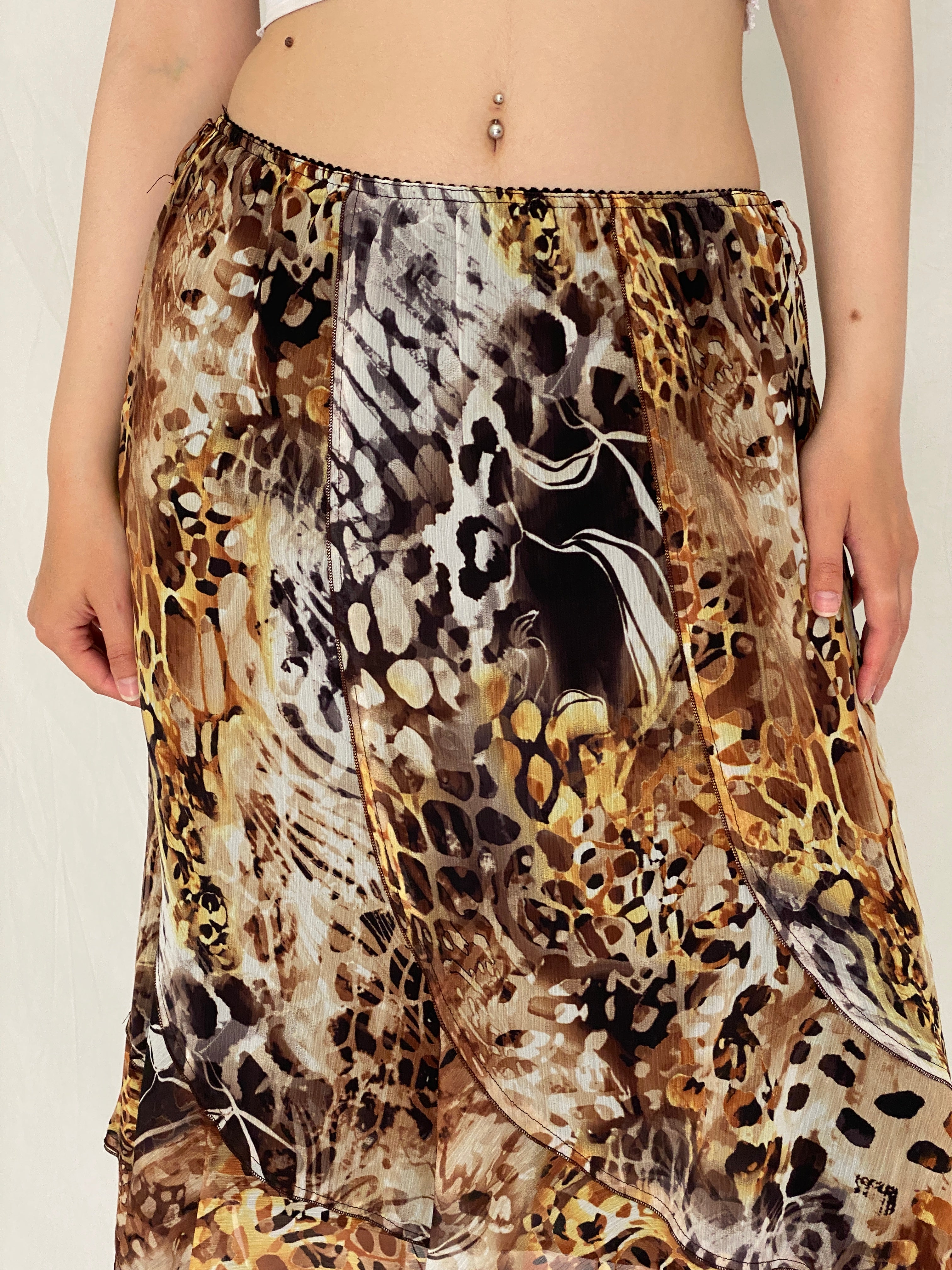 Vintage Y2K Brown Animal Print Mesh Midi Skirt – L