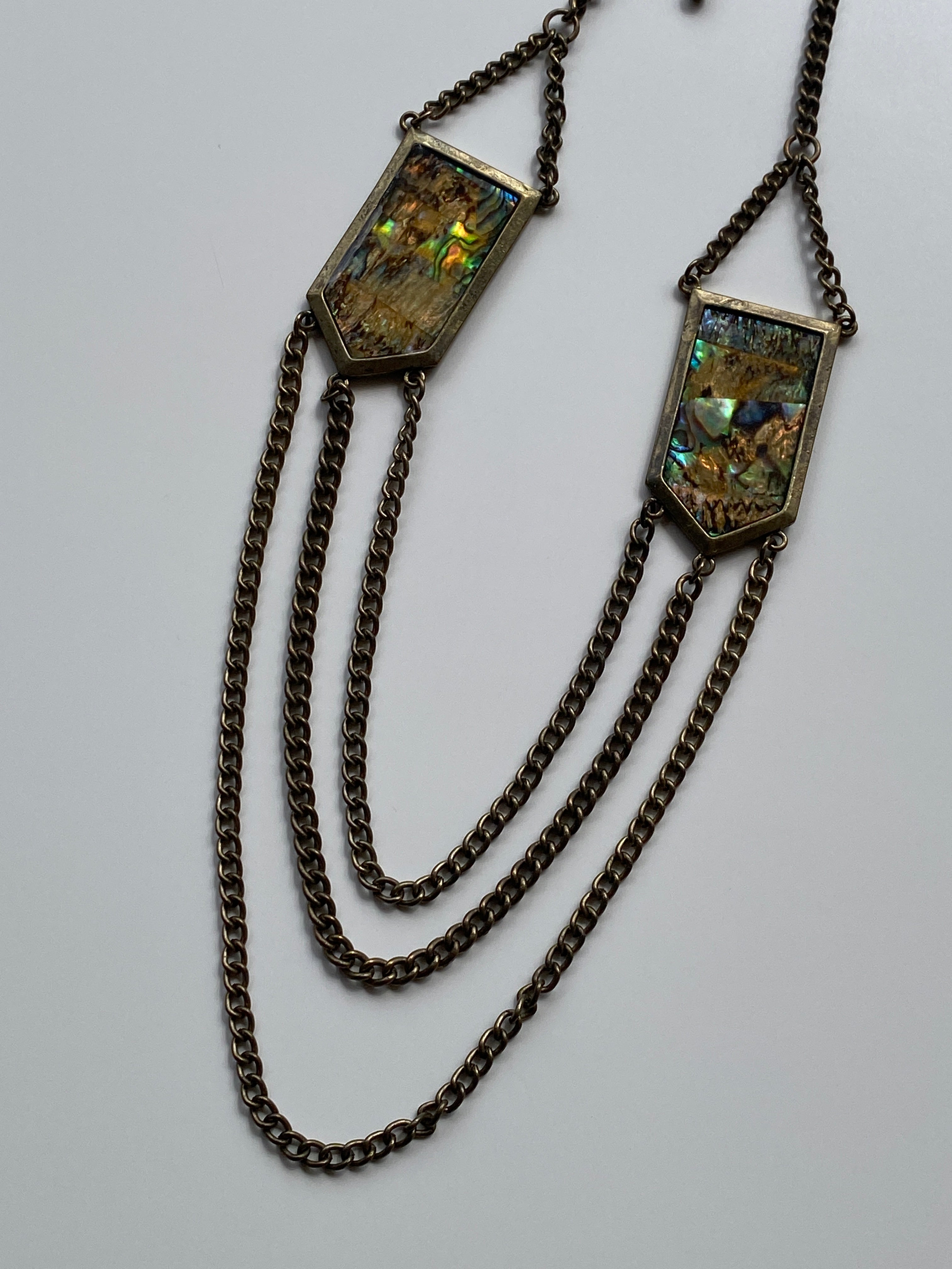 Vintage Y2K–Boho Abalone Shell & Antiqued Brass Triple Draped Chain Statement Necklace