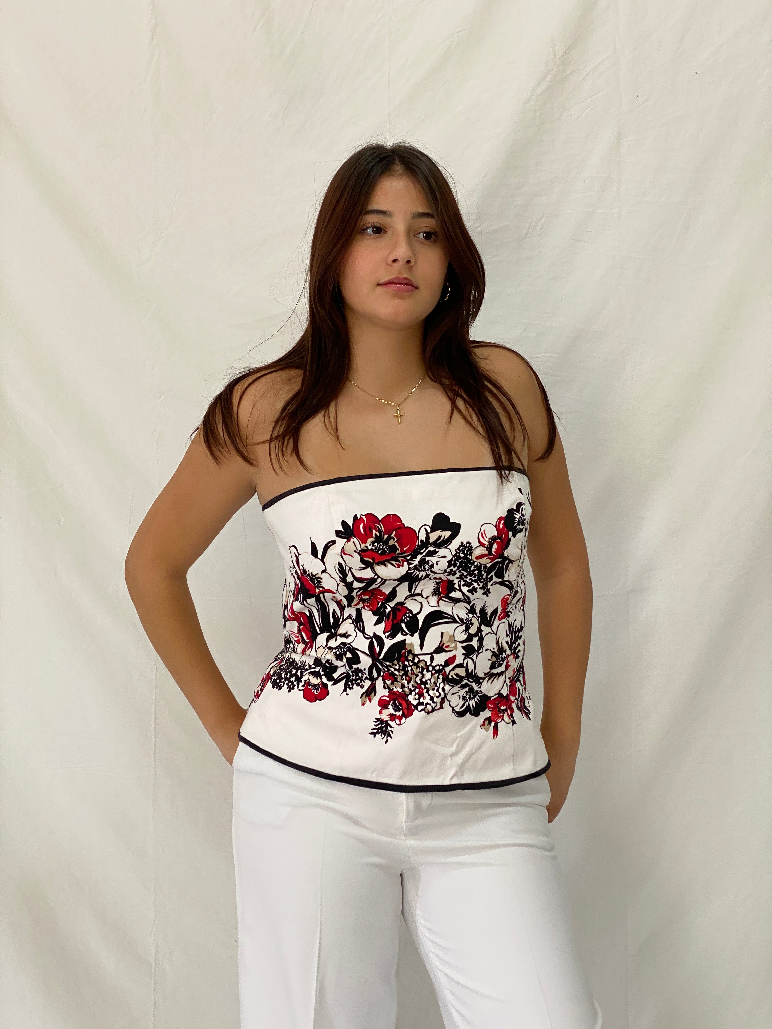 Y2K White House Black Market Floral Corset Strapless White Red Black Top - L