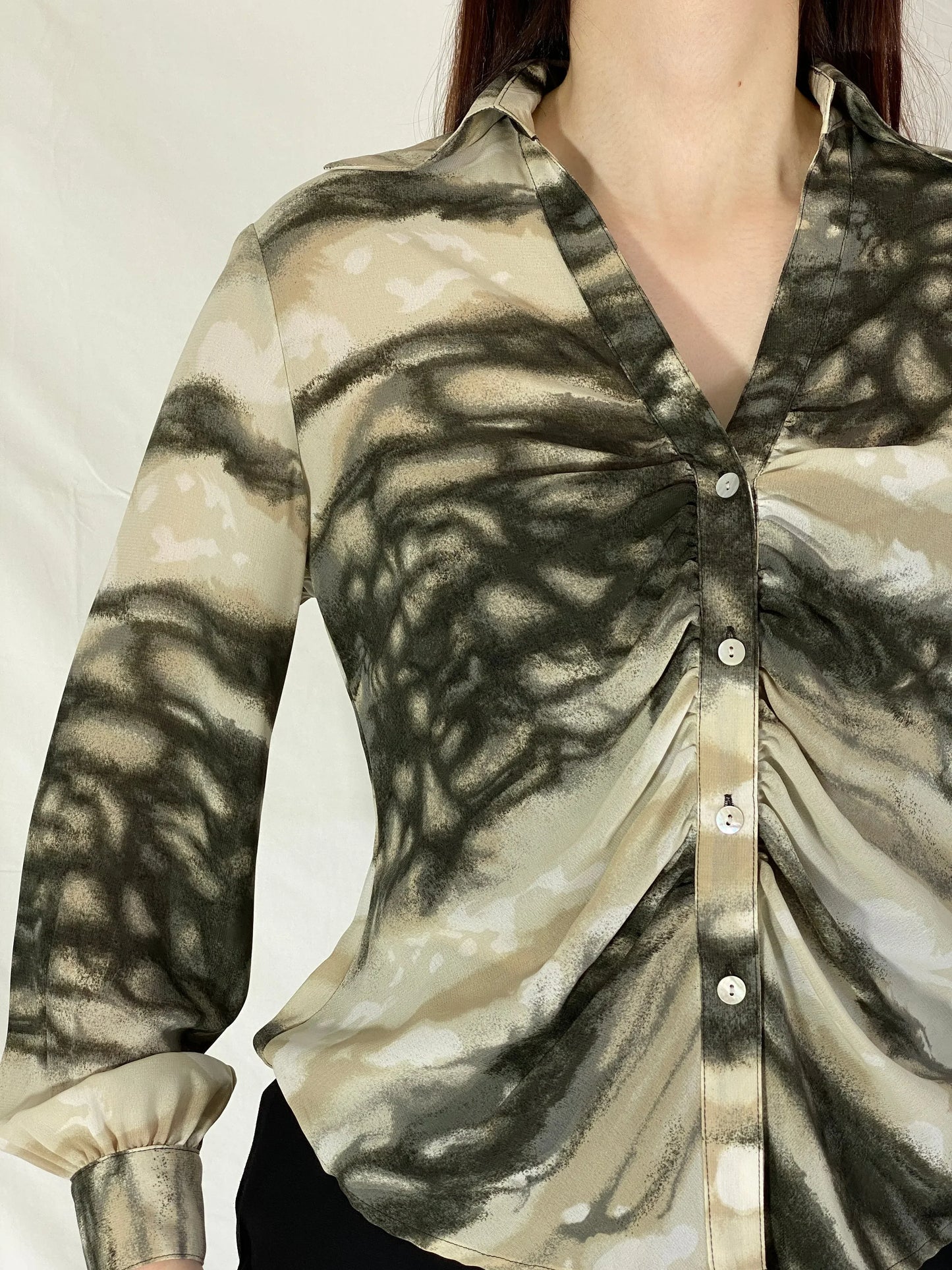 Dressbarn Abstract Tie Dye Print Button-Up Blouse Long Sleeve Shirt - S