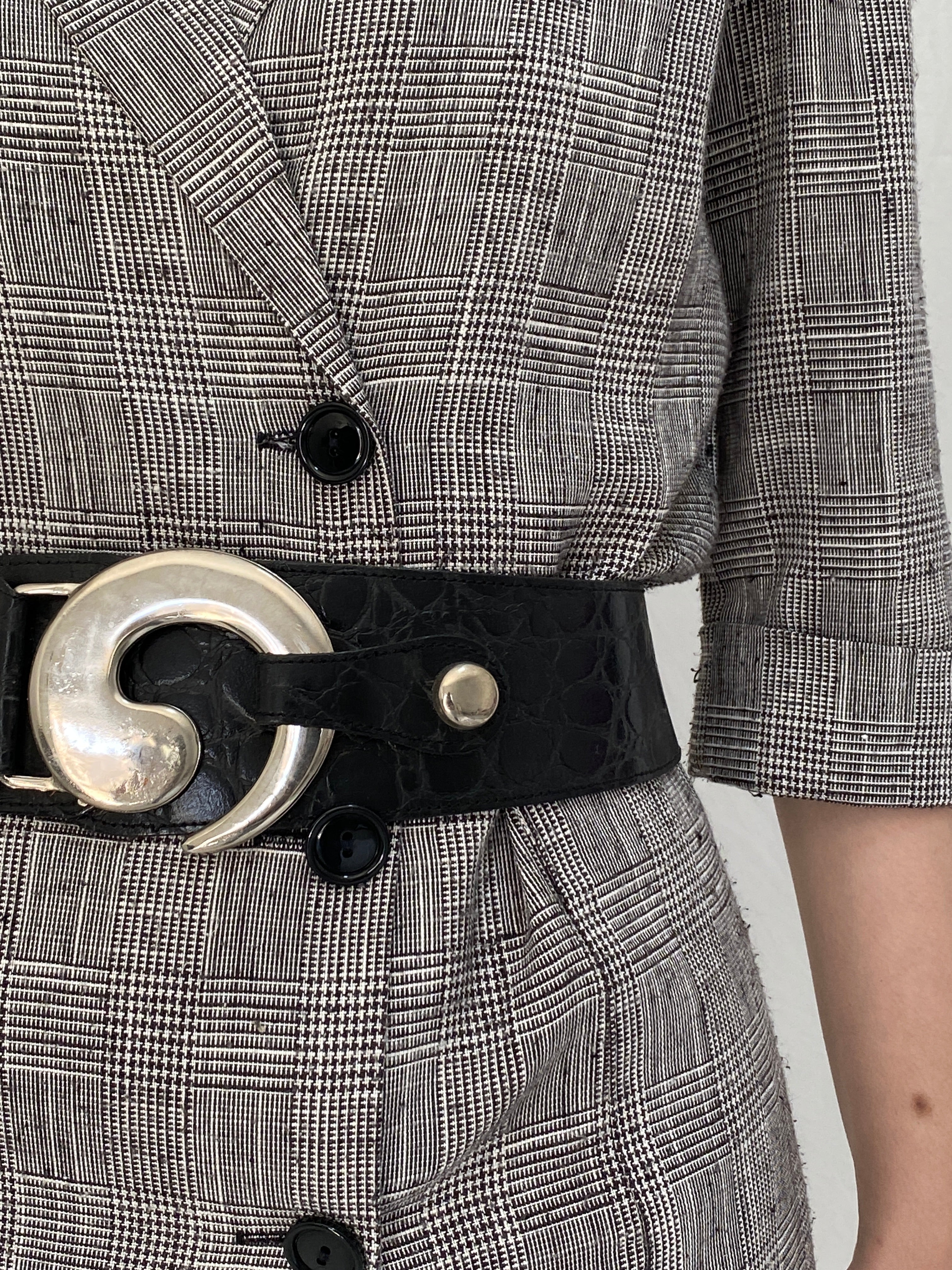 Vintage Croc Embossed Leather Statement Belt with Oversized Silver Buckle