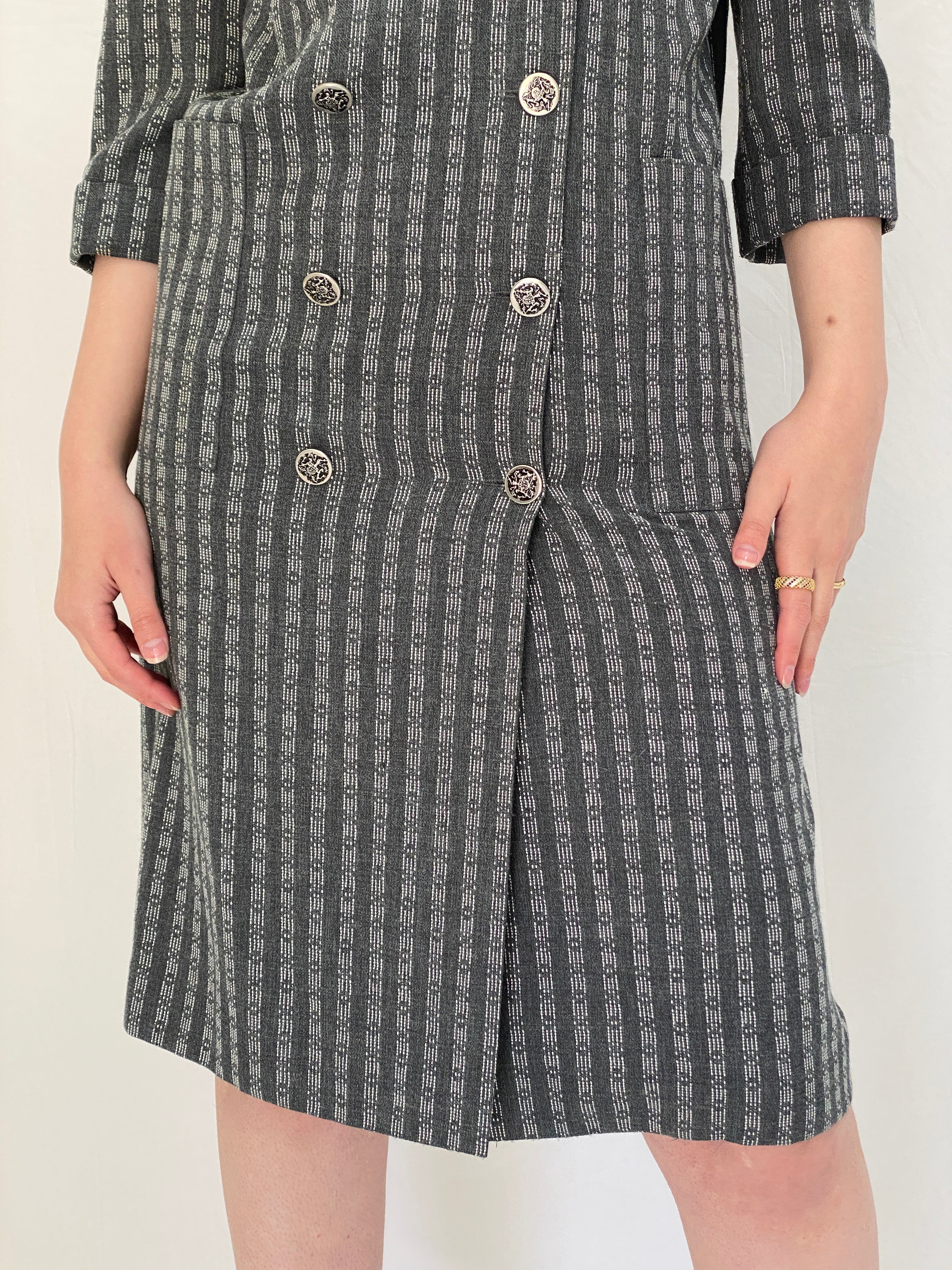 Vintage Leslie Fay Petites Gray Textured Double Breasted Blazer Dress - S