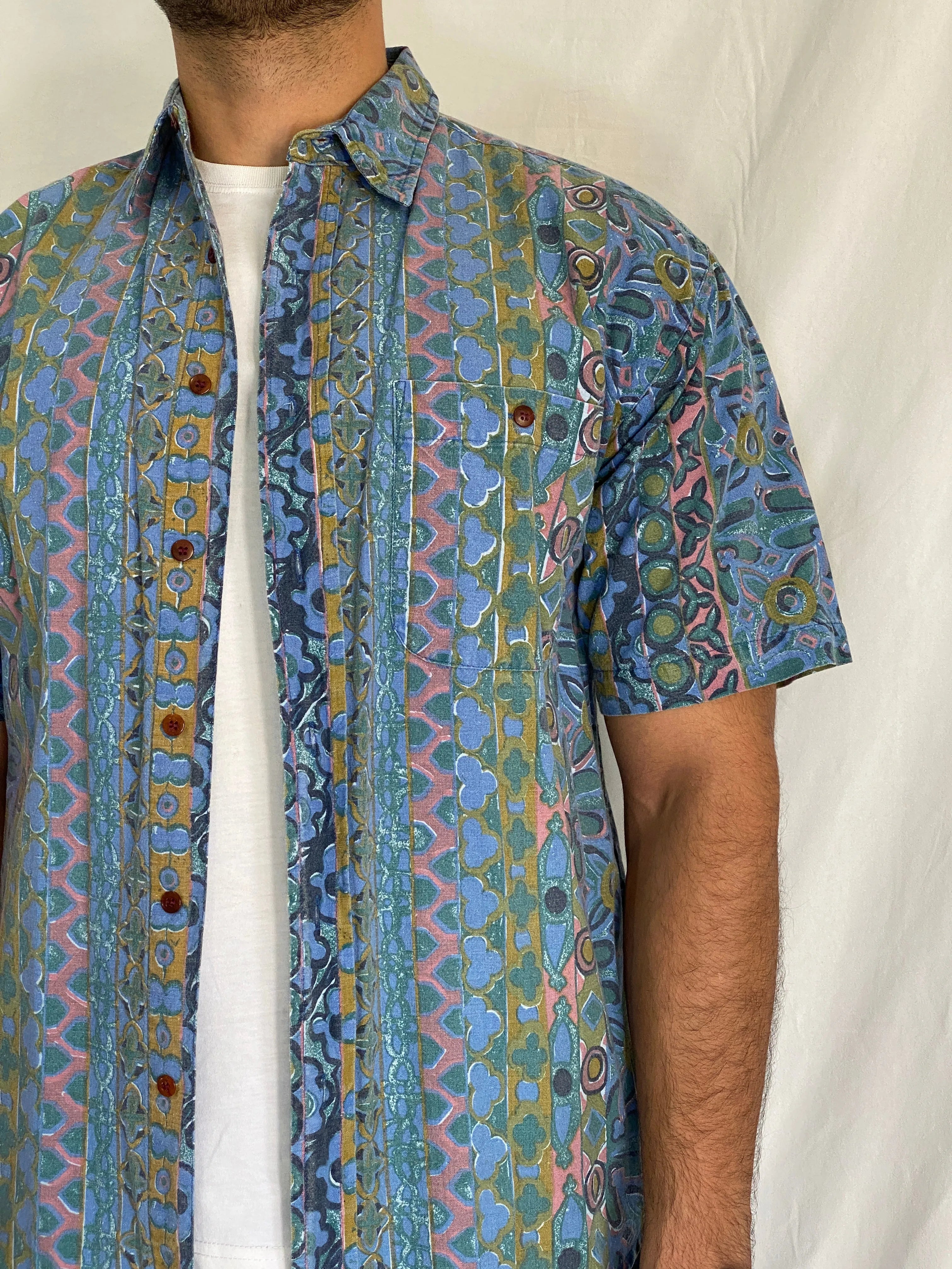 Vintage BADGE Short Sleeve Cotton Blue Geometric Print Shirt - M