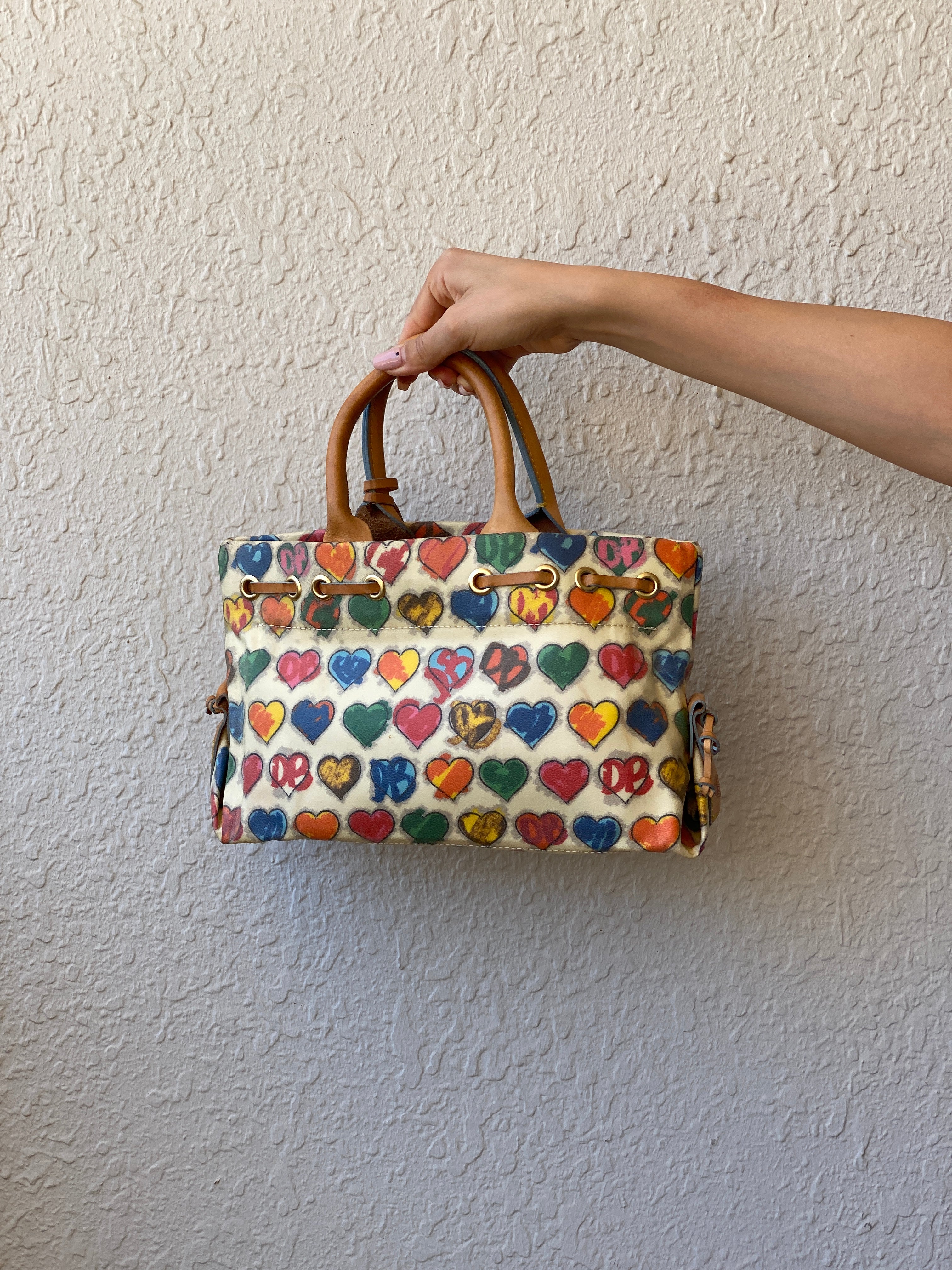 Vintage Dooney & Bourke Crayon Hearts Leather Tassel Satchel